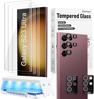 [3+2 Pack] Galaxy S23 Ultra Tempered Glass Screen Protector and Camera Lens Protector Support Fingerprint Unlock 3D Curved Glass Film 9H Glass Protection Case Friendly for Samsung Galaxy S23 Ultra