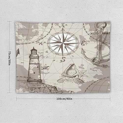 Miniatura 2 de Tapiz de mapa oceánico, faro, barco, ancla y brújula, estampado, tapiz para dormitorio, sala de estar, decoración de 30 x 40 pulgadas