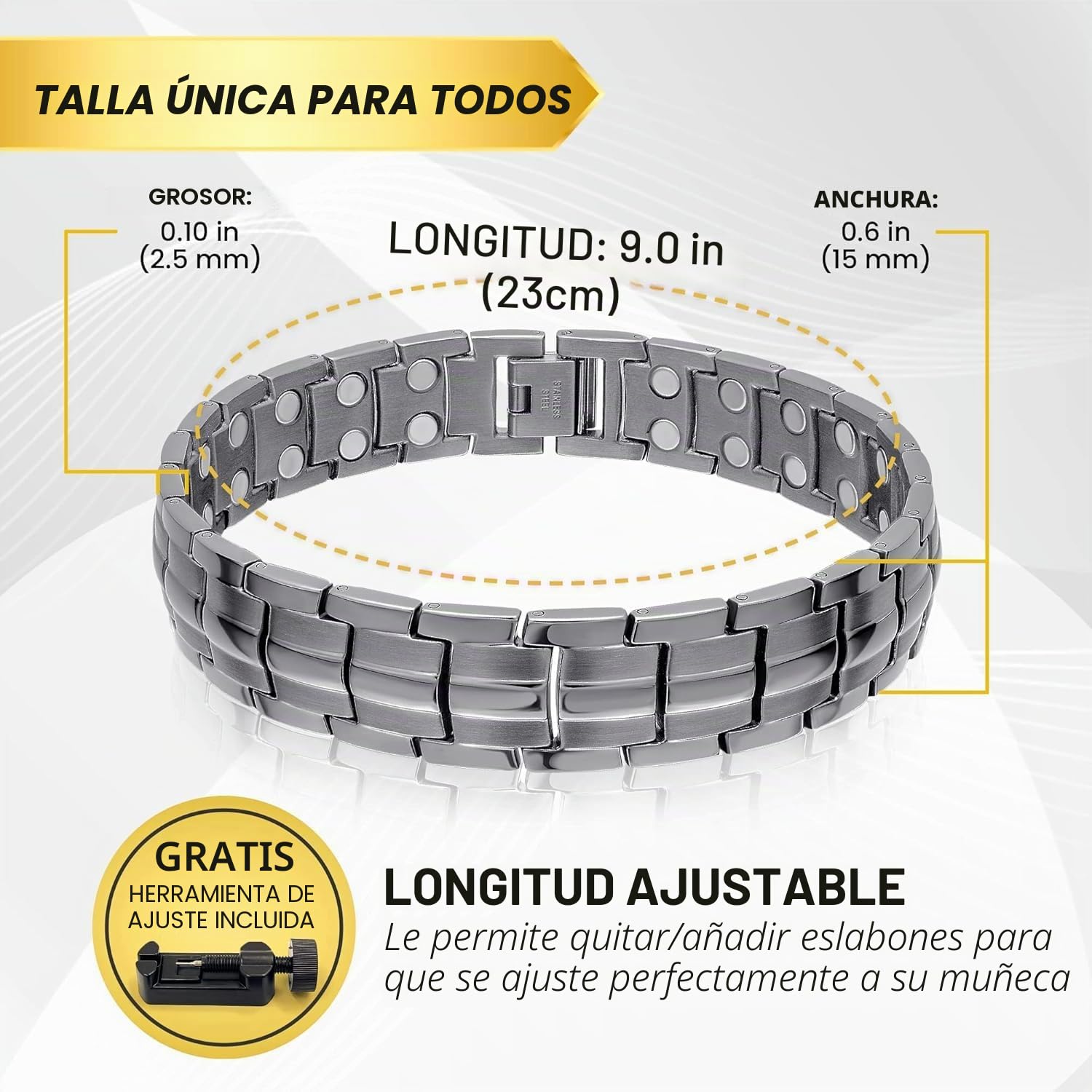 MagnetRX® Pulsera Magnética Ultrarresistente - Brazaletes de Acero Inoxidable para Hombres – Pulsera de Longitud Ajustable con herramienta de Medición para un Ajuste Perfecto (Gris Metálico)