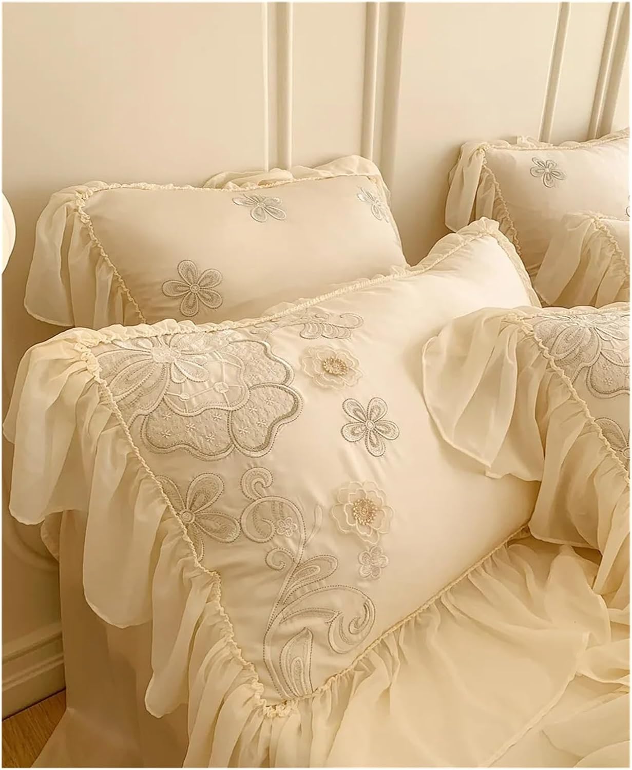 Bed Four Pieces Set Peach Beige Ruffle Duvet Cover Nature Eucalyptus Lyocell Girls Princess Chic Bedding Comforter Cover Soft Bed Sheet Pillow Shams(B,Fitted Bed Sheet-Queen 4PCS)