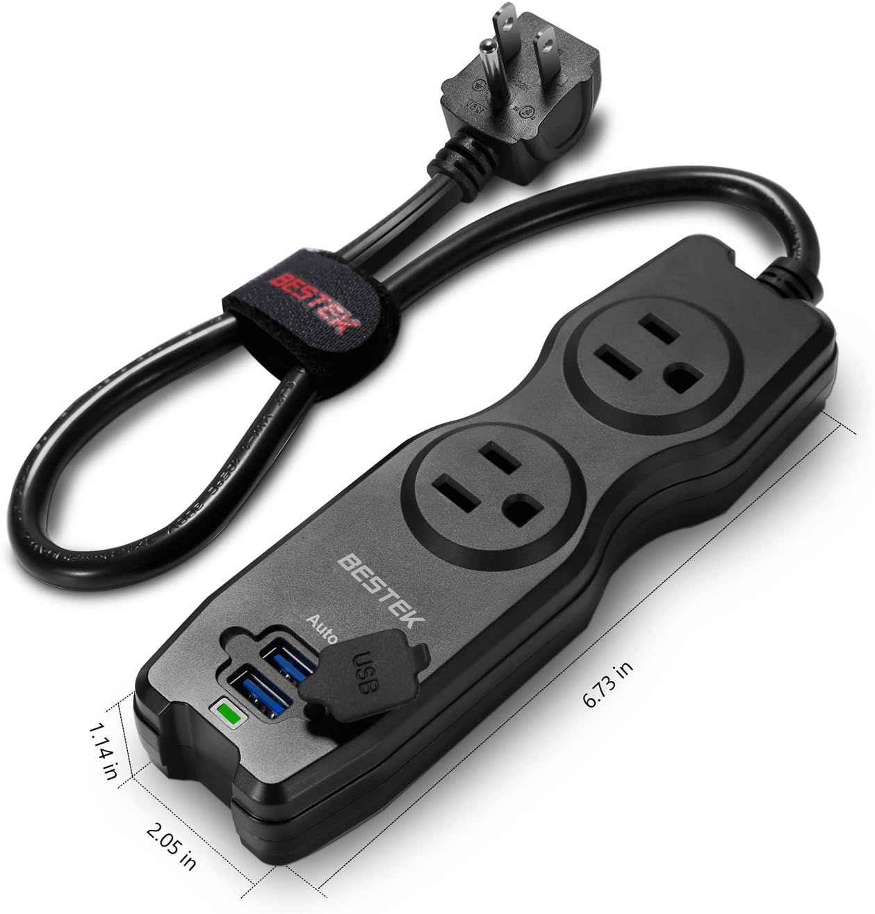 Dimensions of the BESTEK MRJ2001 USB Surge Protector, measuring 6.73 inches in length, 2.05 inches in width, and 1.14 inches in height.