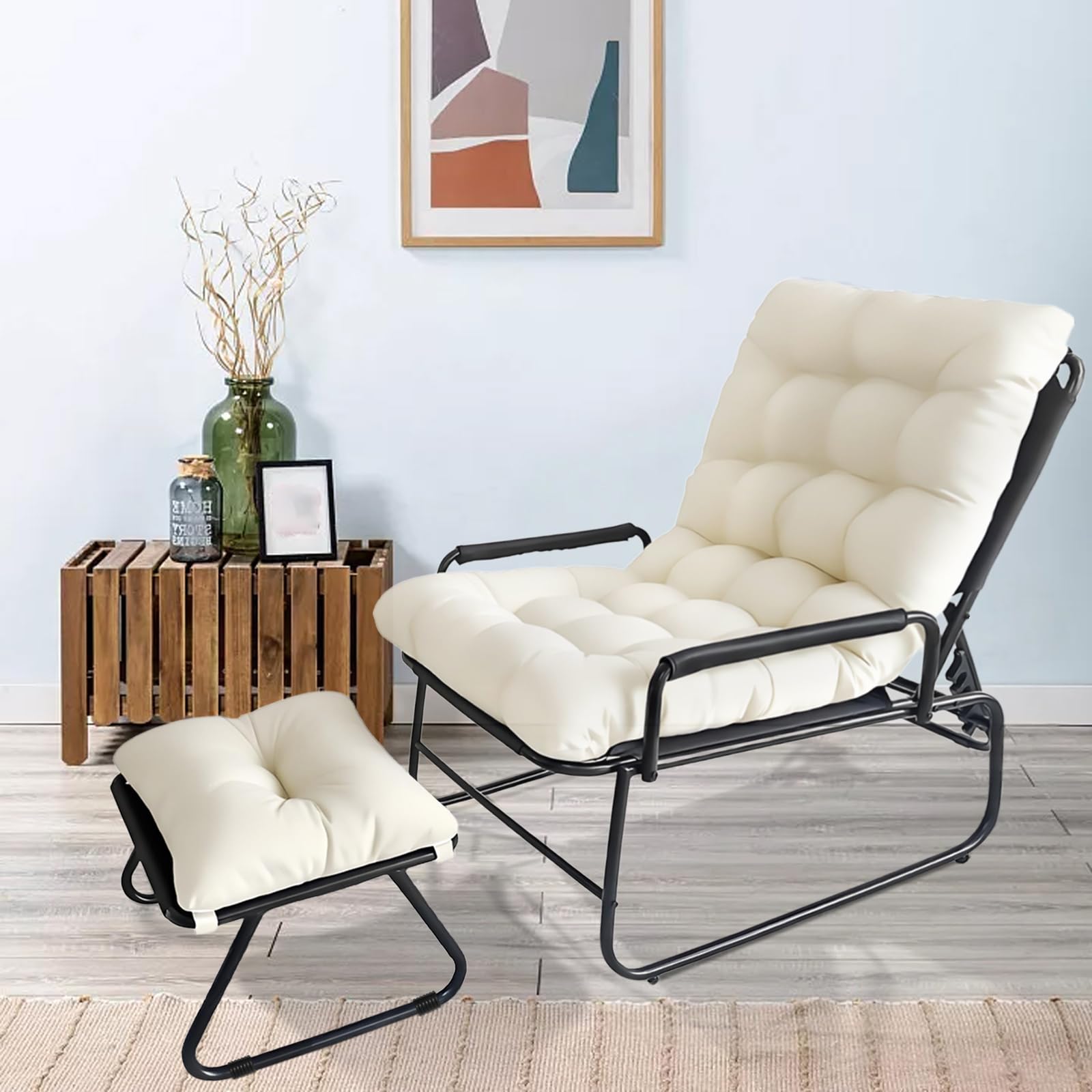 Tumbonas Jardin Exterior, Sillon Jardin Exterior, Tumbona con Taburete, Cojín Extraíble, 4 Posiciones Respaldo Ajustable, Sillones para Jardín, Terraza, Balcón (Beige)