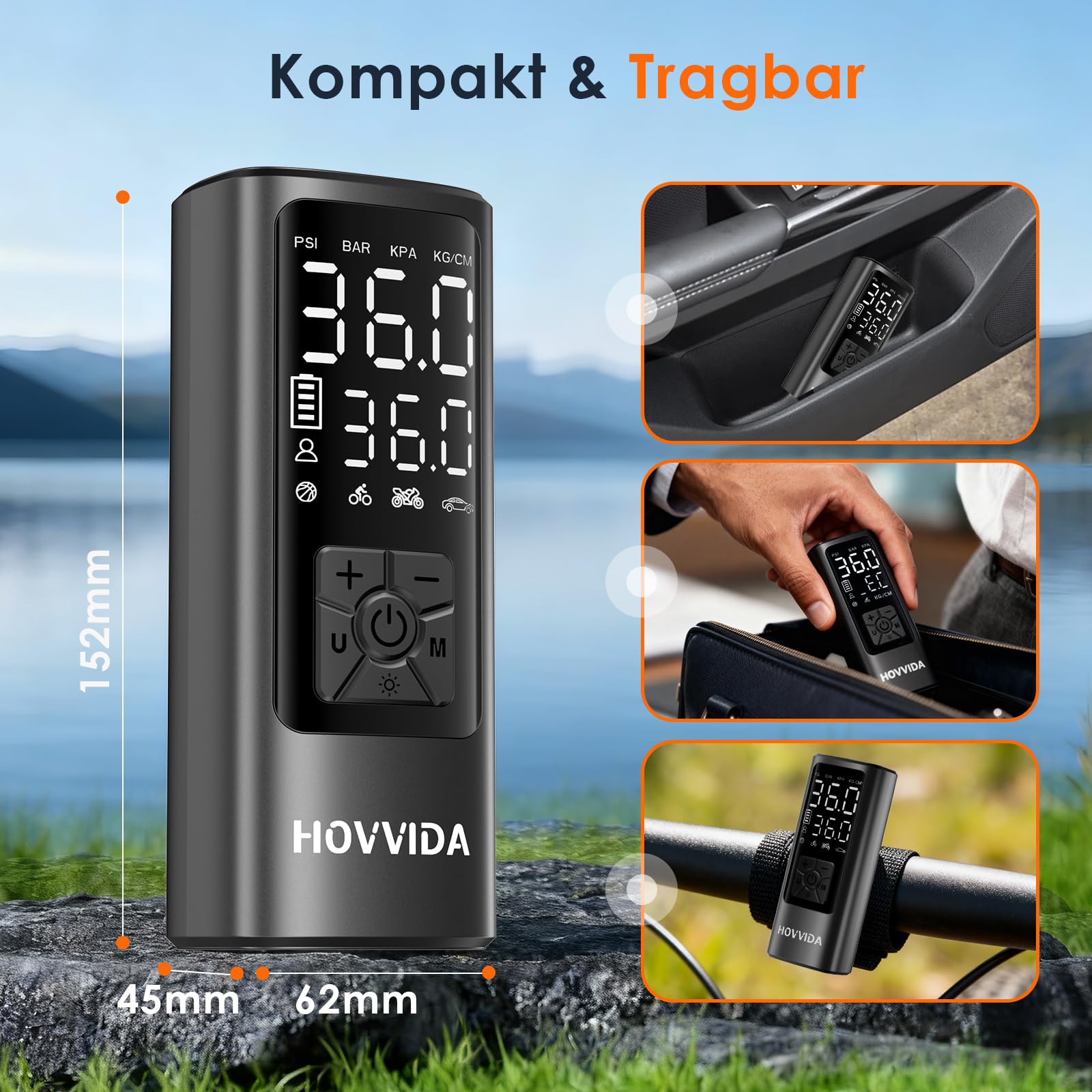 HOVVIDA Elektrische Luftpumpe, 10,3 bar Fahrradpumpe, Digitale Akku-Luftpumpe mit Druckvoreinstellung & Auto-Abschaltung, Wiederaufladbar, Luftpumpe für E-bike, Auto, Fahrrad, Motorrad, Bälle