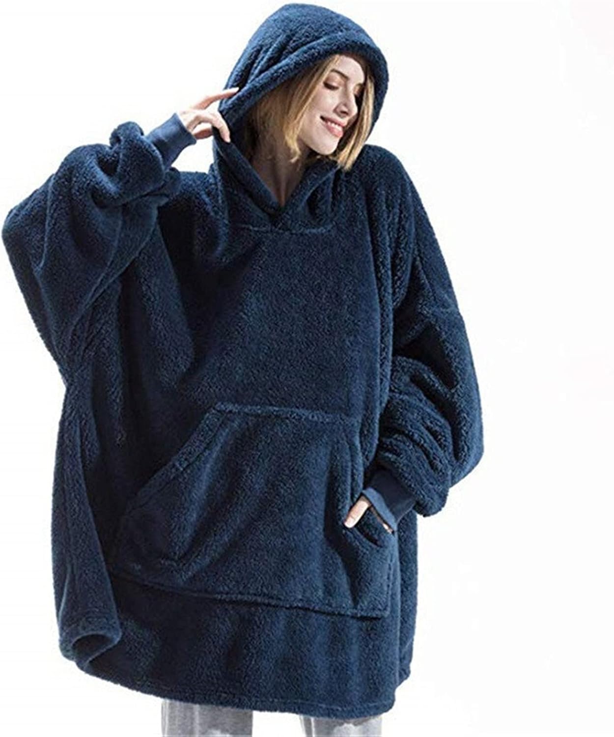TLULY Winter Hooded Sweater Blanket Women Oversized Fleece Blanket With Sleeves Large Pocket Warm Thick TV Hoodie Robe (Color : Blue, Size : One Size)