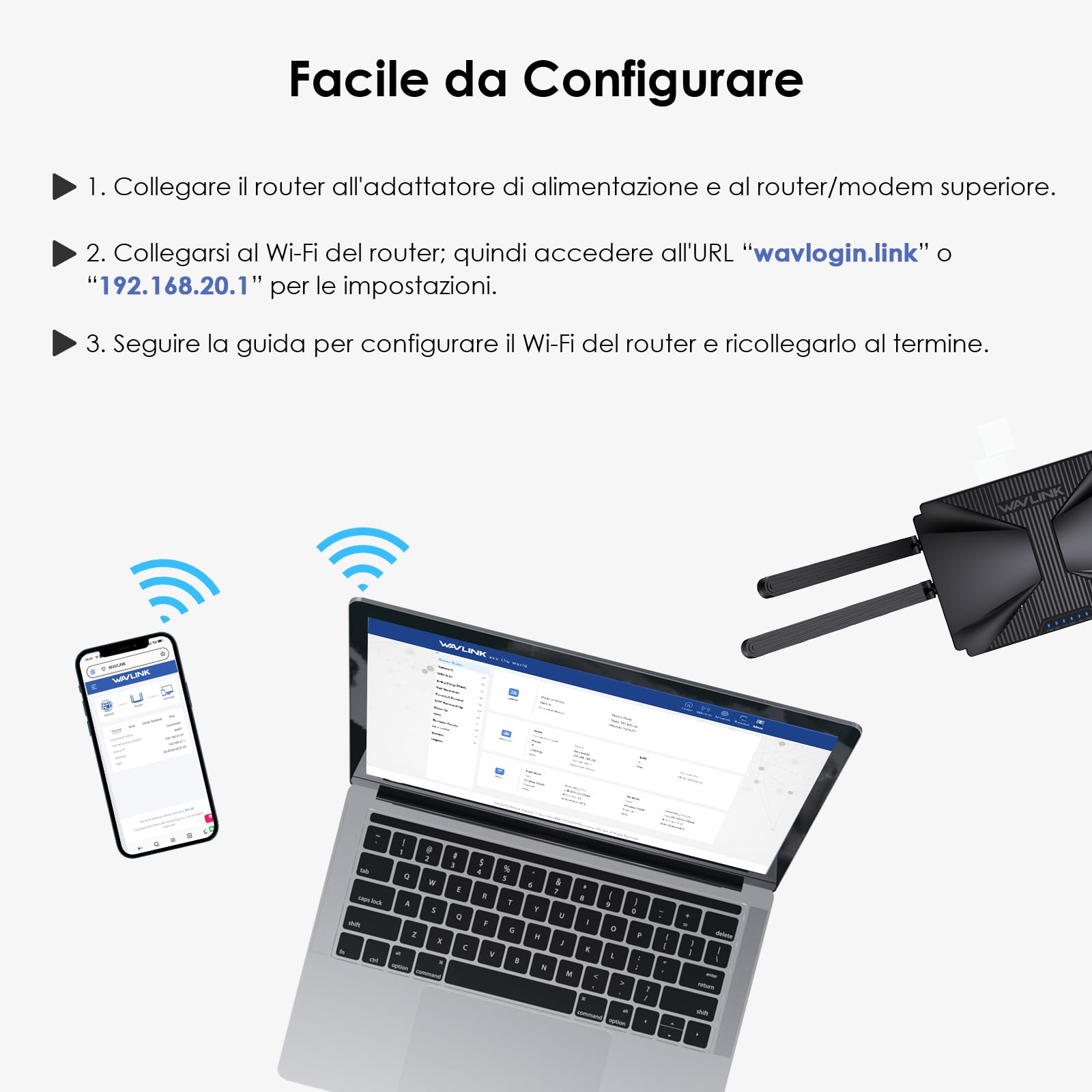 WAVLINK AX3000 Router WiFi 6 Dual Band 3000Mbps - Gigabit per Gaming/VR, Rete Mesh Completa, MU-MIMO 4 Stream, OFDMA/WPA3, 160MHz, IPv6, Casa Intelligente + AP
