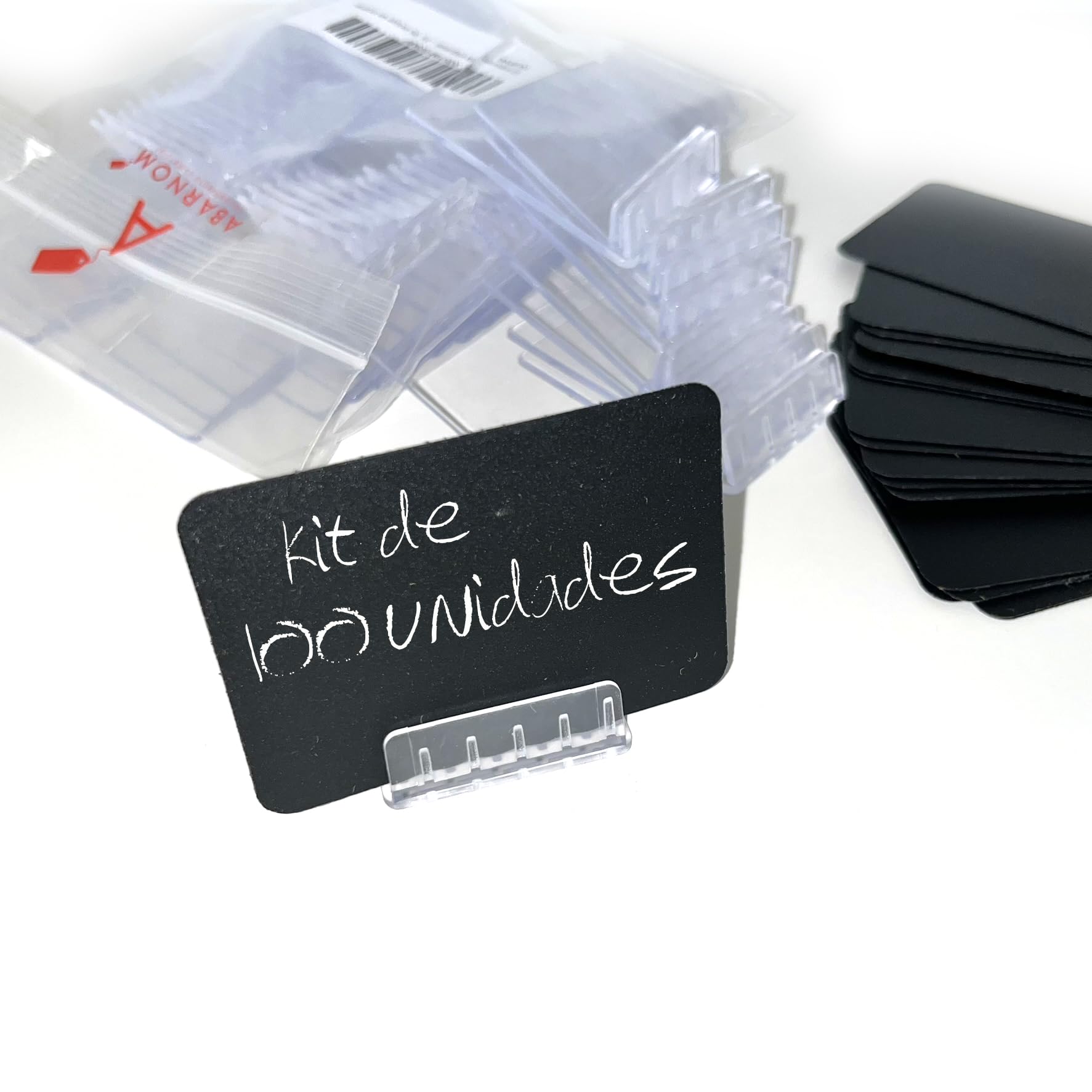 Pack de 100 pizarra negra sintéticas reutilizables + 100 bases portaprecio, Mini Pizarras para Precios, Portaprecios Fruta, Portaprecios Carniceria, Portaprecios Pescaderia, Porta Precios Pizarra