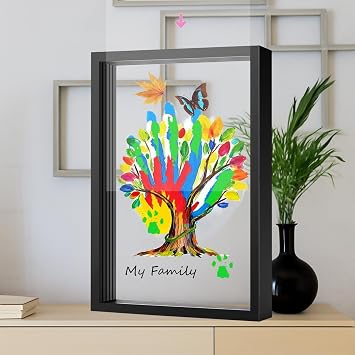 VidwanHome Family Handprint Kit for 4 Wooden Frame with 4 Clear Acrylic Boards, DIY Handprint Keepsake for Baby, Pet, Mom, Grandparents, Hand Mold Art Set with Non-Toxic Washable Paint (Black)