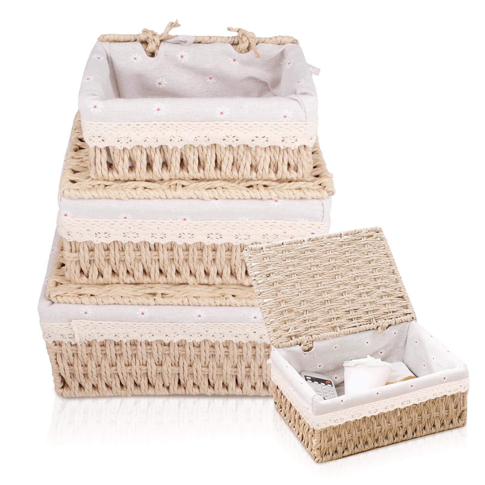 KiKiHong 3 Set Handwoven Storage Baskets With Lids,Basket With Lid,Woven Storage Basket for Toys,Cosmetics,Bathroom & Bedroom | Eco-Friendly — image 1