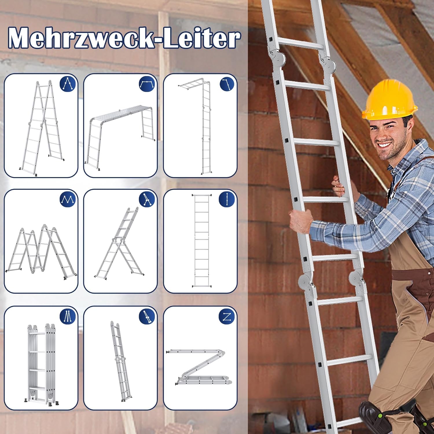 NAIZY Aluminiowa drabina wielofunkcyjna 550 cm, 6 w 1, składana drabina z 2 rolkami i platformą, 4 x 5 srebrna, składana drabina wielofunkcyjna, do 150 kg