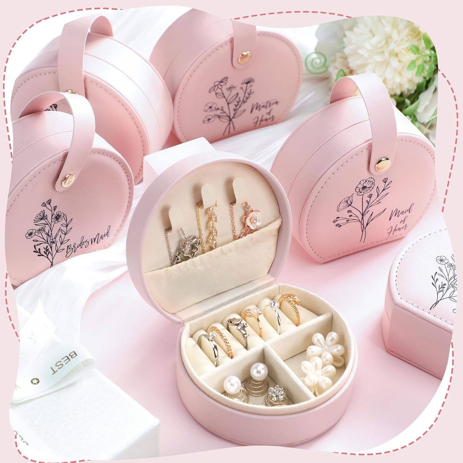 Colingmill 8 Pcs Bridesmaid Proposal Jewelry Gifts Box, Wildflower Half Moon Design with Monogram Jewelry Case for Maid/Matron of Honor Bridesmaids Wedding Gifts