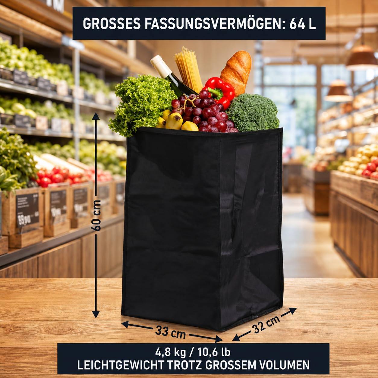 Hoppa Leichtgewichtiger 4-Rädiger Premium 2024 Modell Faltbarer Einkaufswagen Extra Große 64l Kapazität Einkaufswagentasche, 95cm, 4.8kg, Schieb/Zieh Treppensteiger (Schwarz)