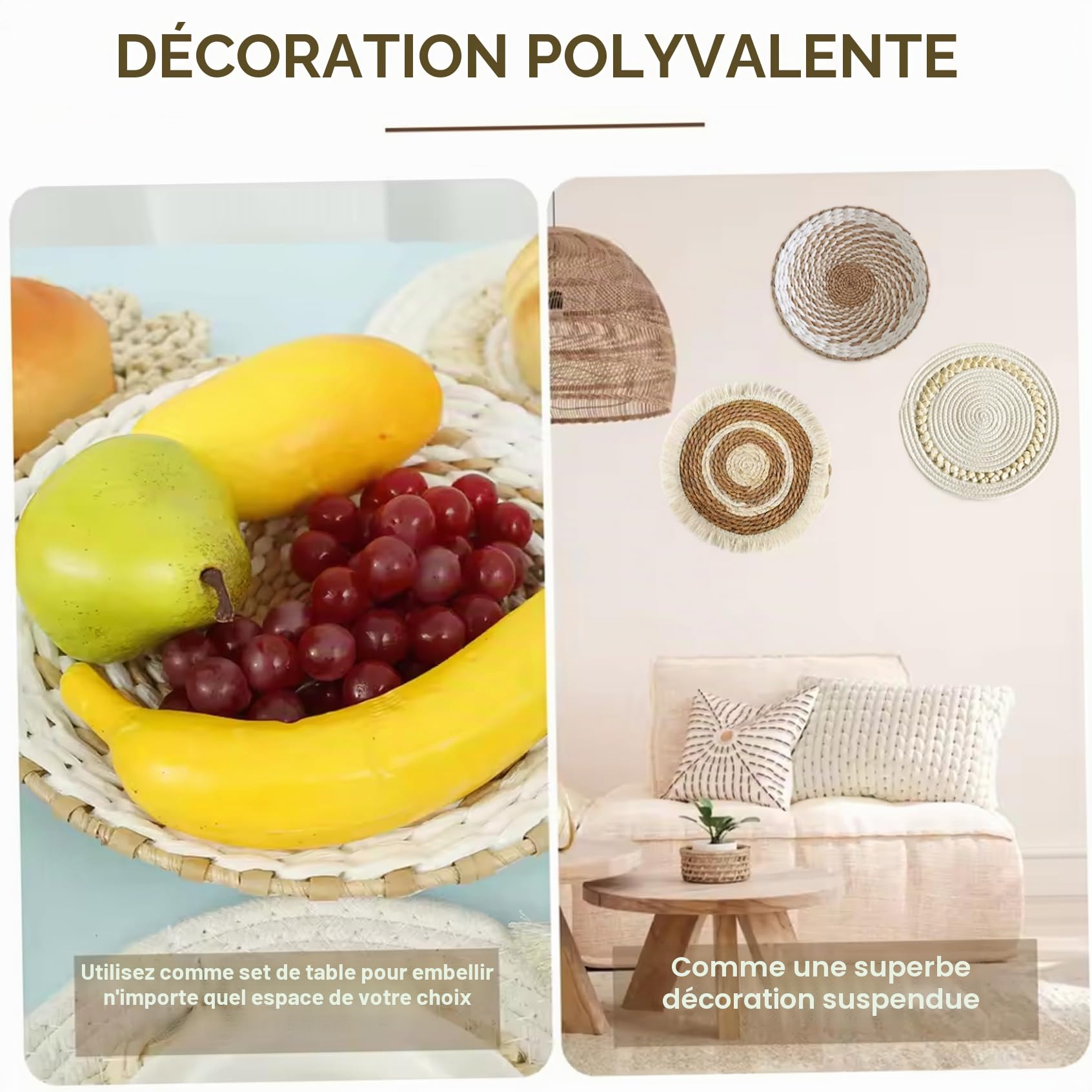 7 paniers muraux bohèmes, 6 tailles, ronds en paille tressée avec crochet, pour décoration de salon, style campagnard