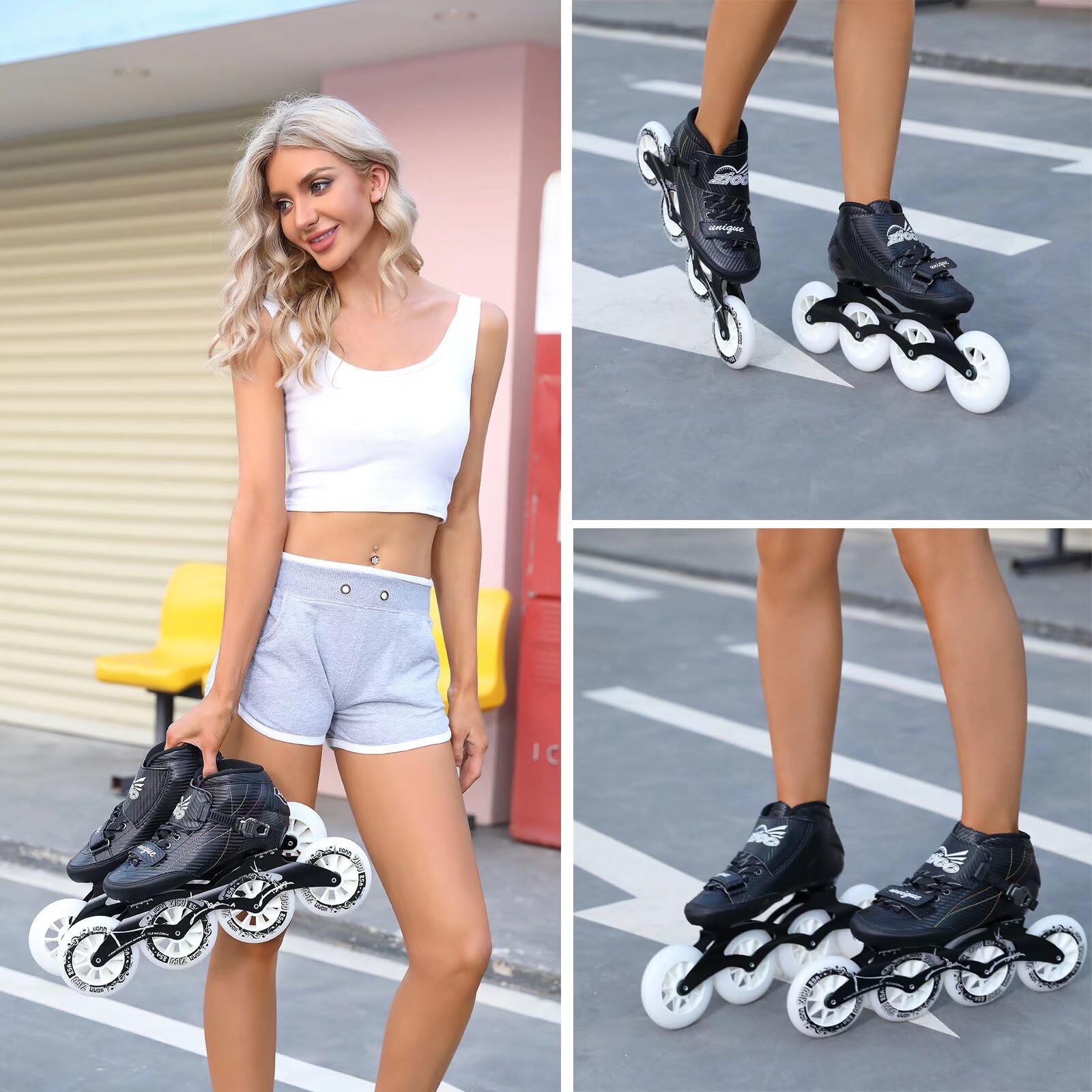 Pattini in linea da velocità professionali scocca fibra carbonio 3 ruote 110 mm telaio alluminio leggeri veloci gare lunghe distanze