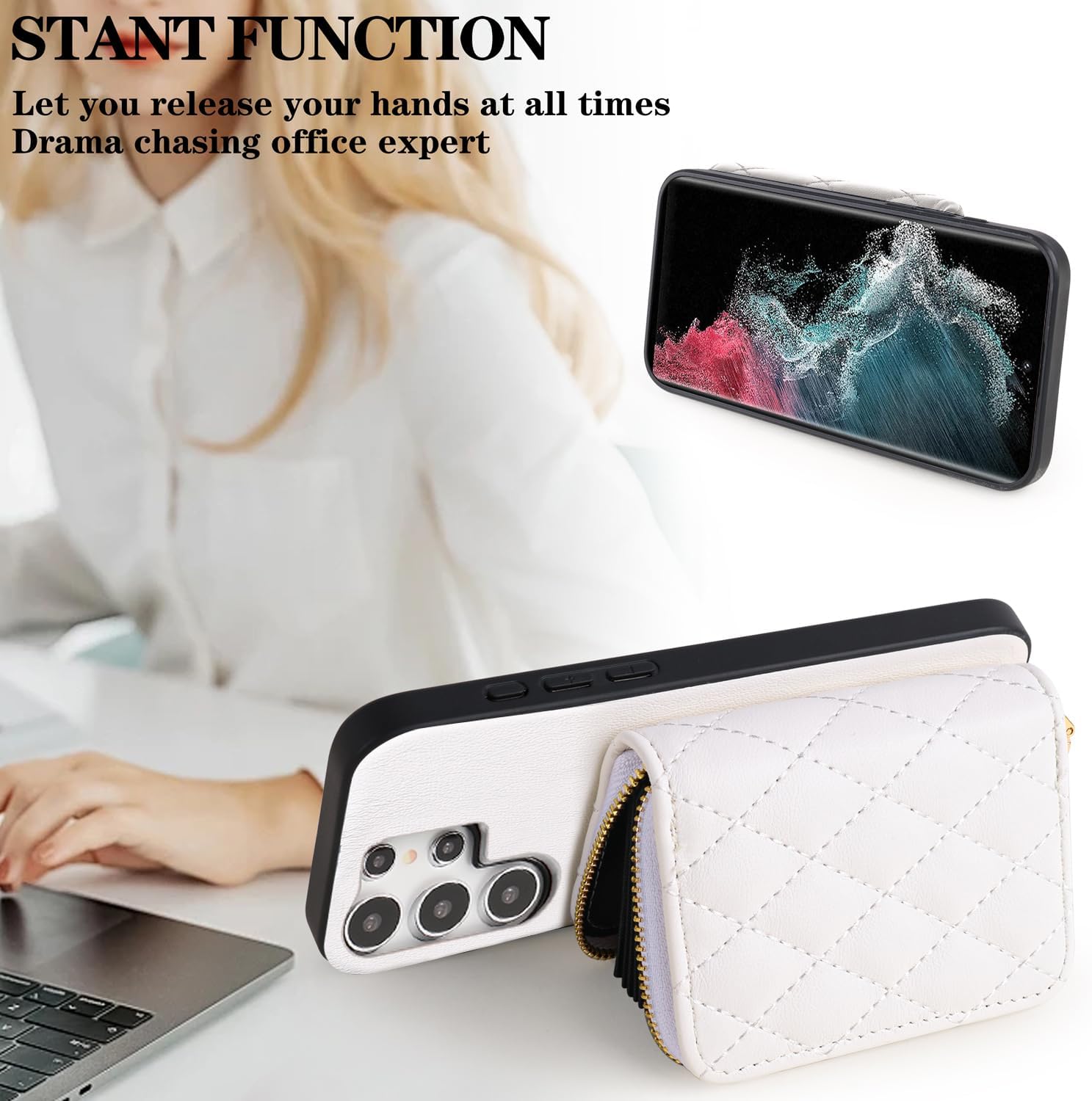 Argyle Wallet Cover for Samsung Galaxy S25 Ultra 5G & Screen Protector Shoulder Strap, Luxury PU Leather Zipper Organ Card Holder Stand Phone Case for S25Ultra 25S S 25 25Ultra 6.9 2025 White