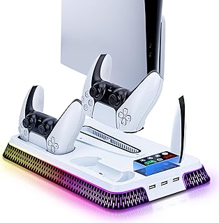Wigearss Soporte Vertical para PS5/PS5 Slim/PS5 Pro con Ventiladores de Refrigeración Carga para 2 Mandos, Ventilador de Enfriamiento Ajustable en 3 Niveles con 10 Efectos de Iluminación LED