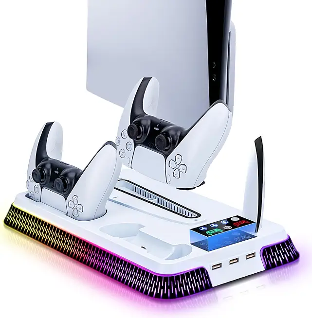 Wigearss PS5/PS5 Slim/PS5 Pro Kühler Standfuß mit Dual Controller Ladegerät, PS5 Controller Ladestation Standfuß mit Lüftert, RGB Licht für PS5/PS5 Slim/PS5 PRO UHD/Digital Edition