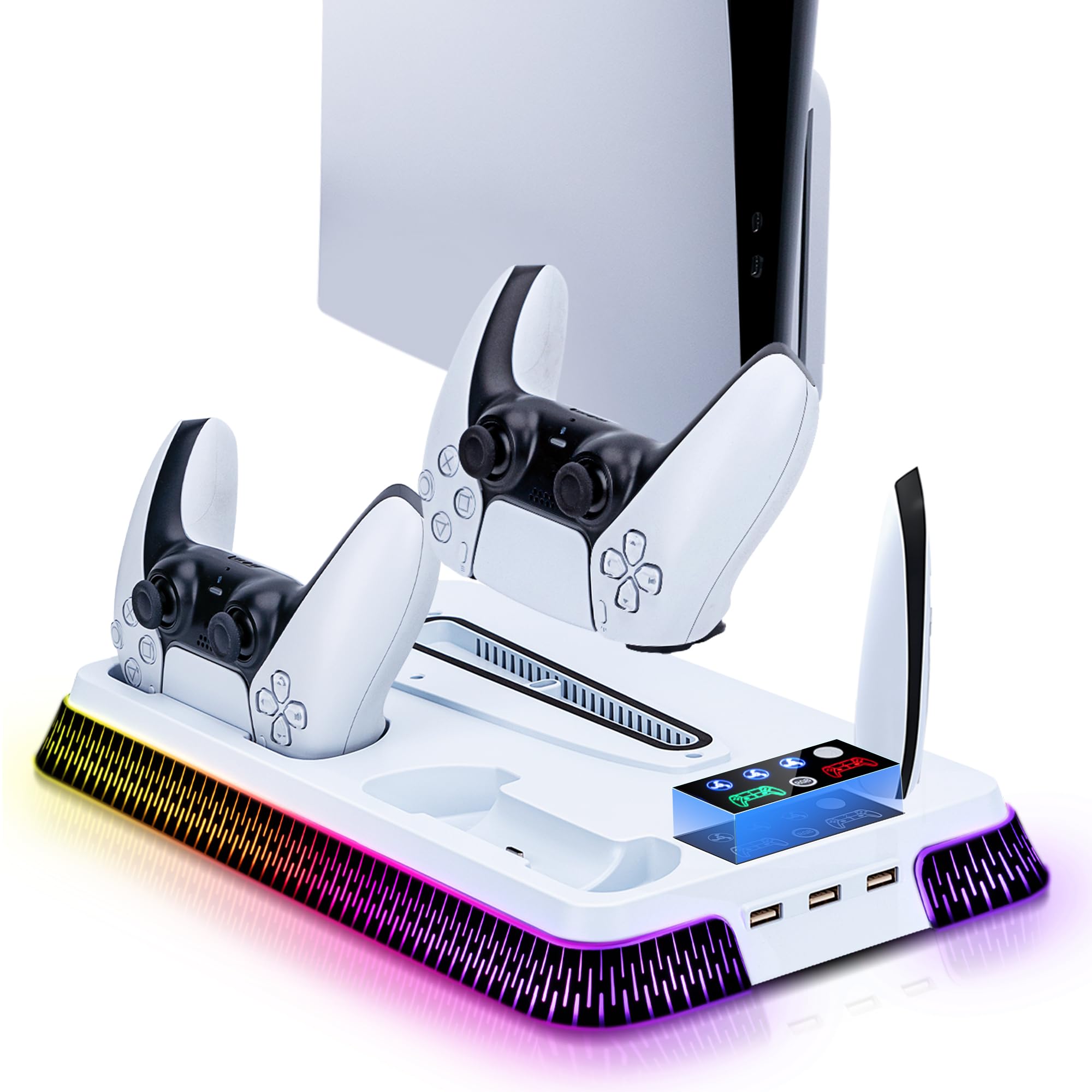Wigearss Supporto Verticale Raffreddamento PS5/PS5 Slim/PS5 Pro con Doppio Caricatore Controller, Base di Ricarica Joystick PS5 con Ventola Raffreddamento, Illuminazione RGB per PS5/PS5 Slim/PS5 Pro