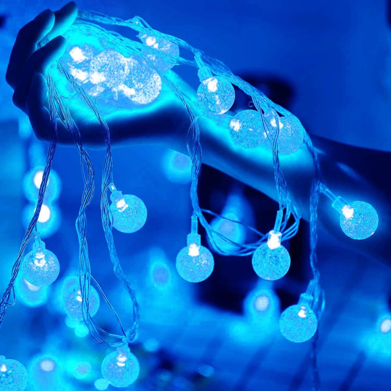 Guirnalda de luces solares de bolas gruesas para exteriores, 22 m, 200 LED, impermeable, con 8 modos, para jardín y patio (azul)