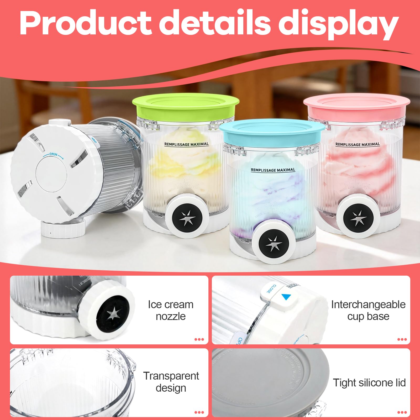 4PCS Recipiente de Helado para Ninja Swirl NC700 NC701 Series, 16 oz Creamy Pot con Tapas de Colores, Sin BPA y Aptos para Lavavajillas
