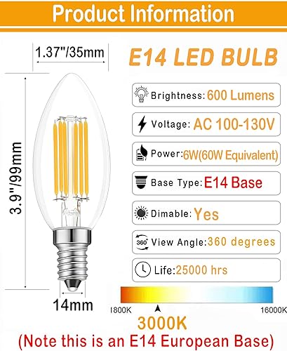 Miniatura 7 de Bombilla LED E14 regulable, 110 V, 600 lúmenes, 600 lúmenes, equivalente a 60 W, luz blanca diurna 5000 K, bombillas LED E14 de base europea,