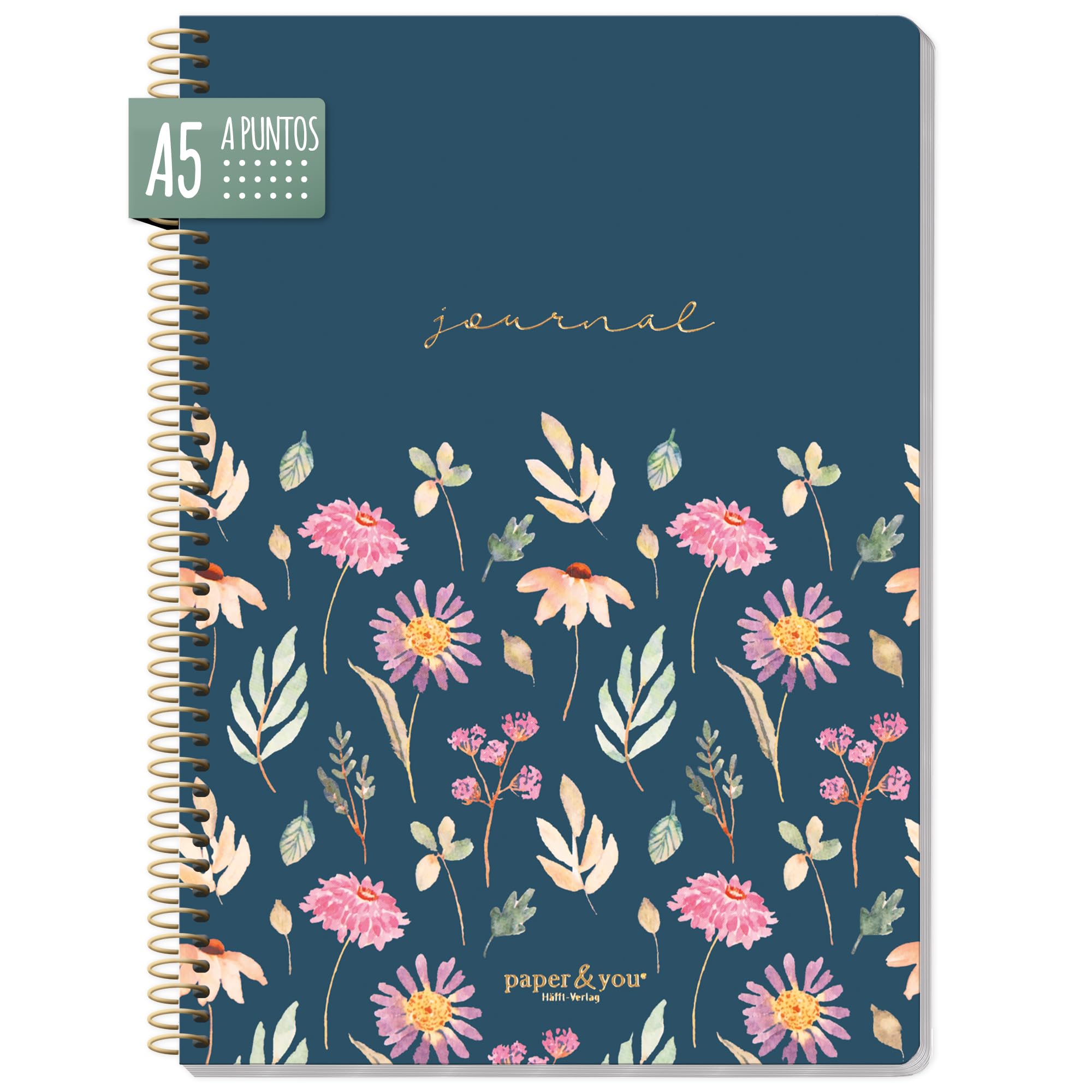 Häfft paper&you® Bullet Journal dotted A5 con espiral, Flying Flowers, 160 páginas, cuaderno punteado con espiral, bloc de notas, cuaderno de espiral, sostenible y respetuoso con el medio ambiente