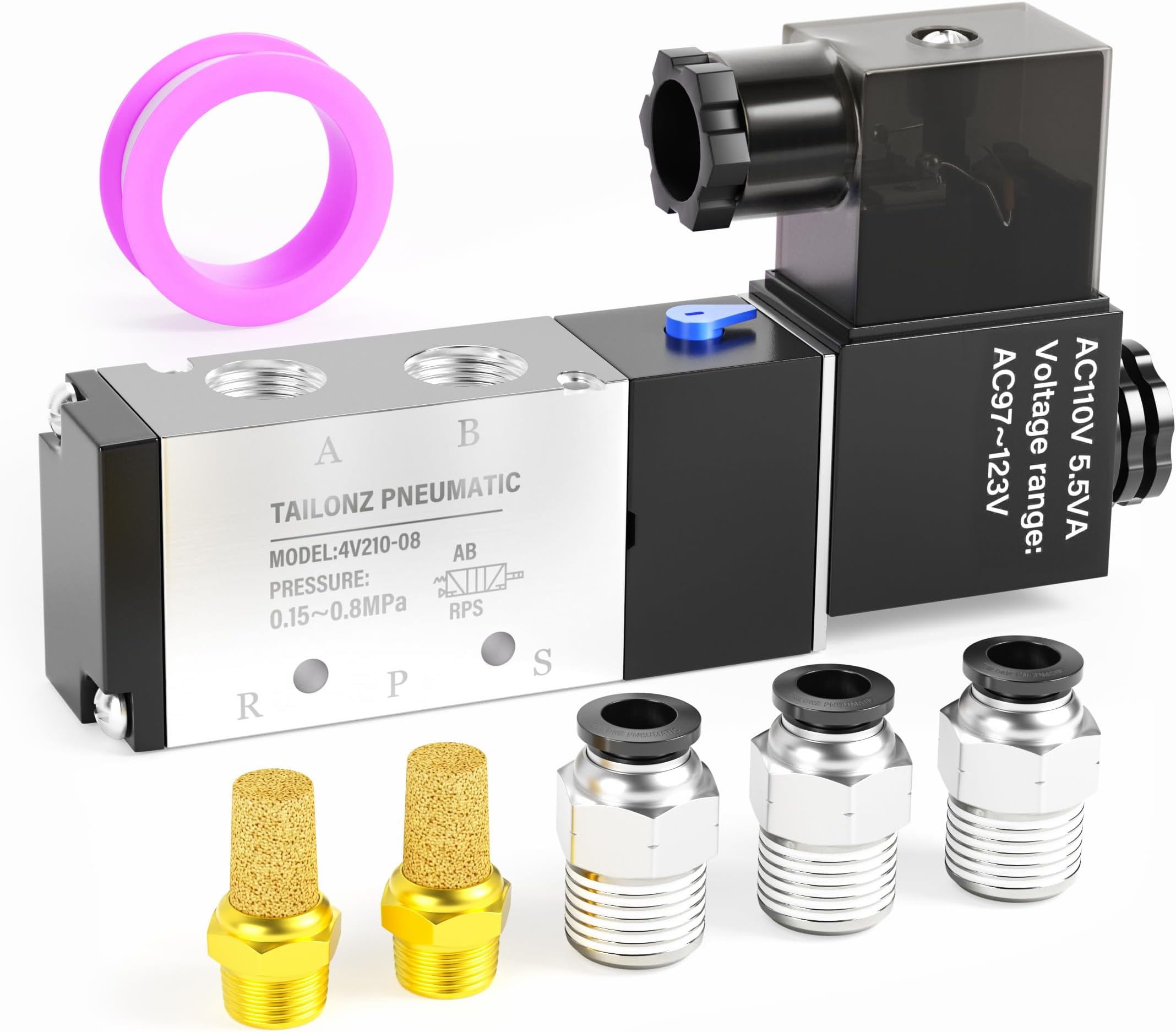Tailonz Pneumatic 1/4"NPT Solenoid Valve 4V210-08 12V/24V/110V/220V Single Coil Pilot-Operated Electric 2 Position 5 Way Connection Type