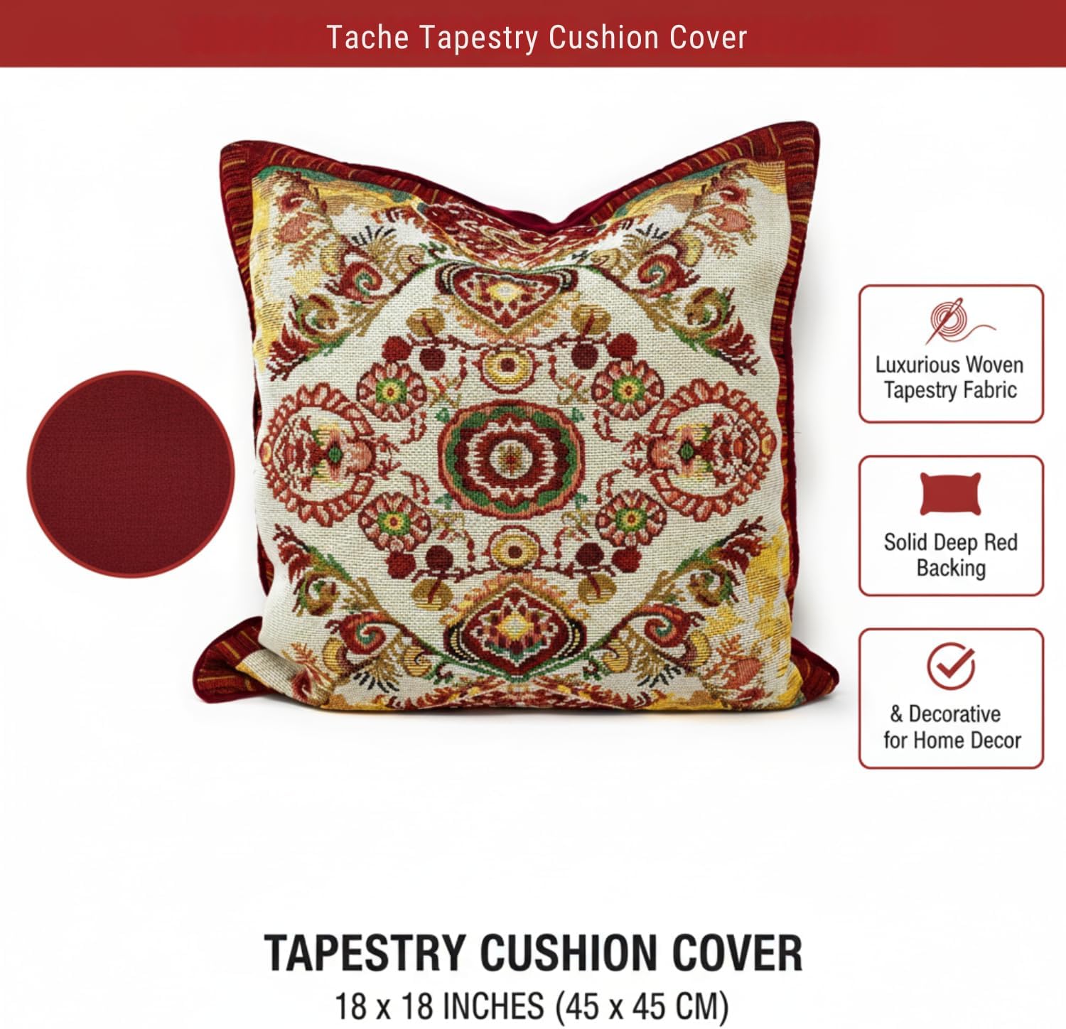 Tache 18x18 Rococo Elegant Ornate Burgundy Ivory Paisley Cotton Linen Tapestry Woven Throw Pillow Cover, 2-Pieces