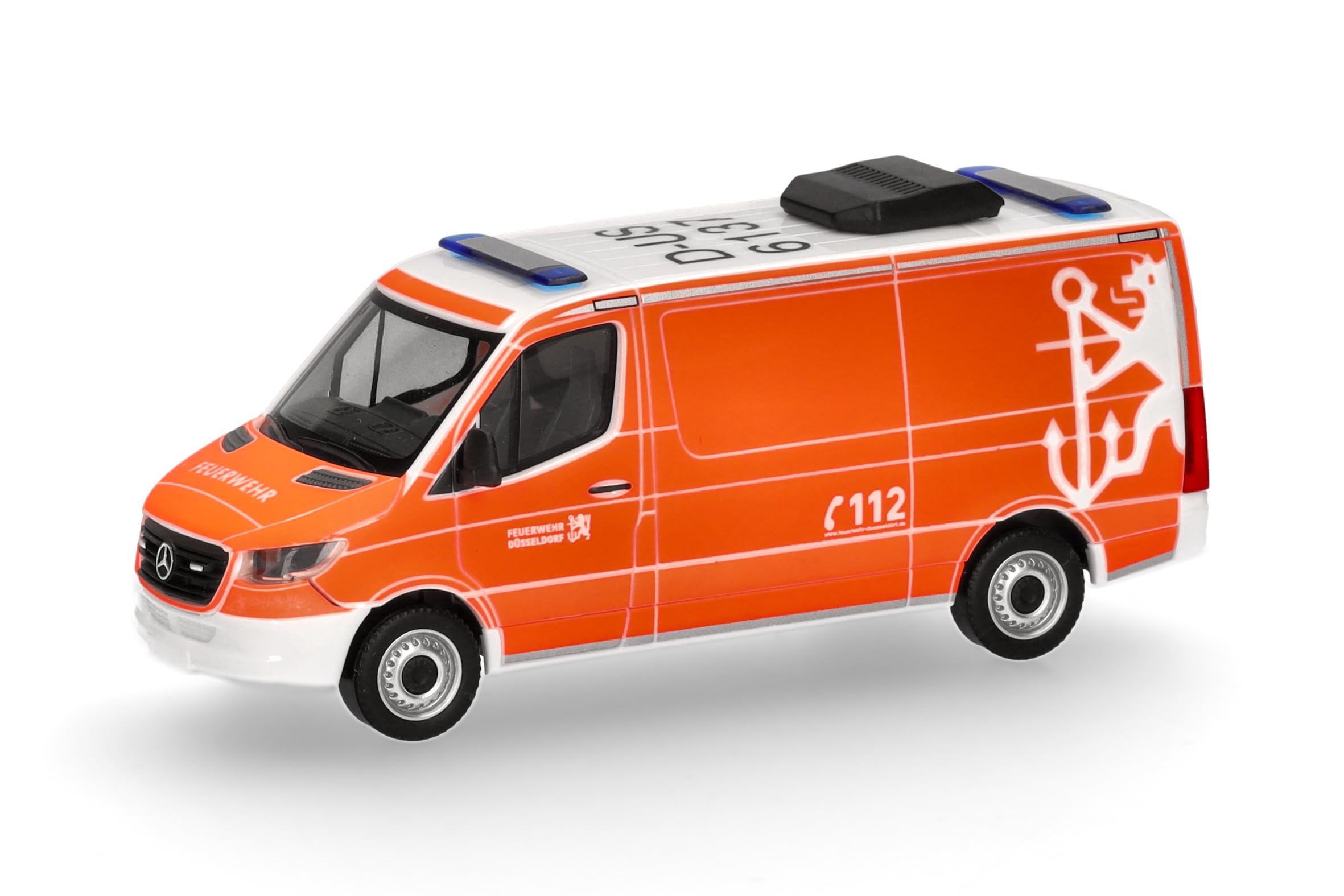 Herpa car model Mercedes-Benz Sprinter 18 half bus flat-roof "Firebrigade Düsseldorf", on a scale of 1:87, plastic miniature, made in Germany, model building, collectors edition