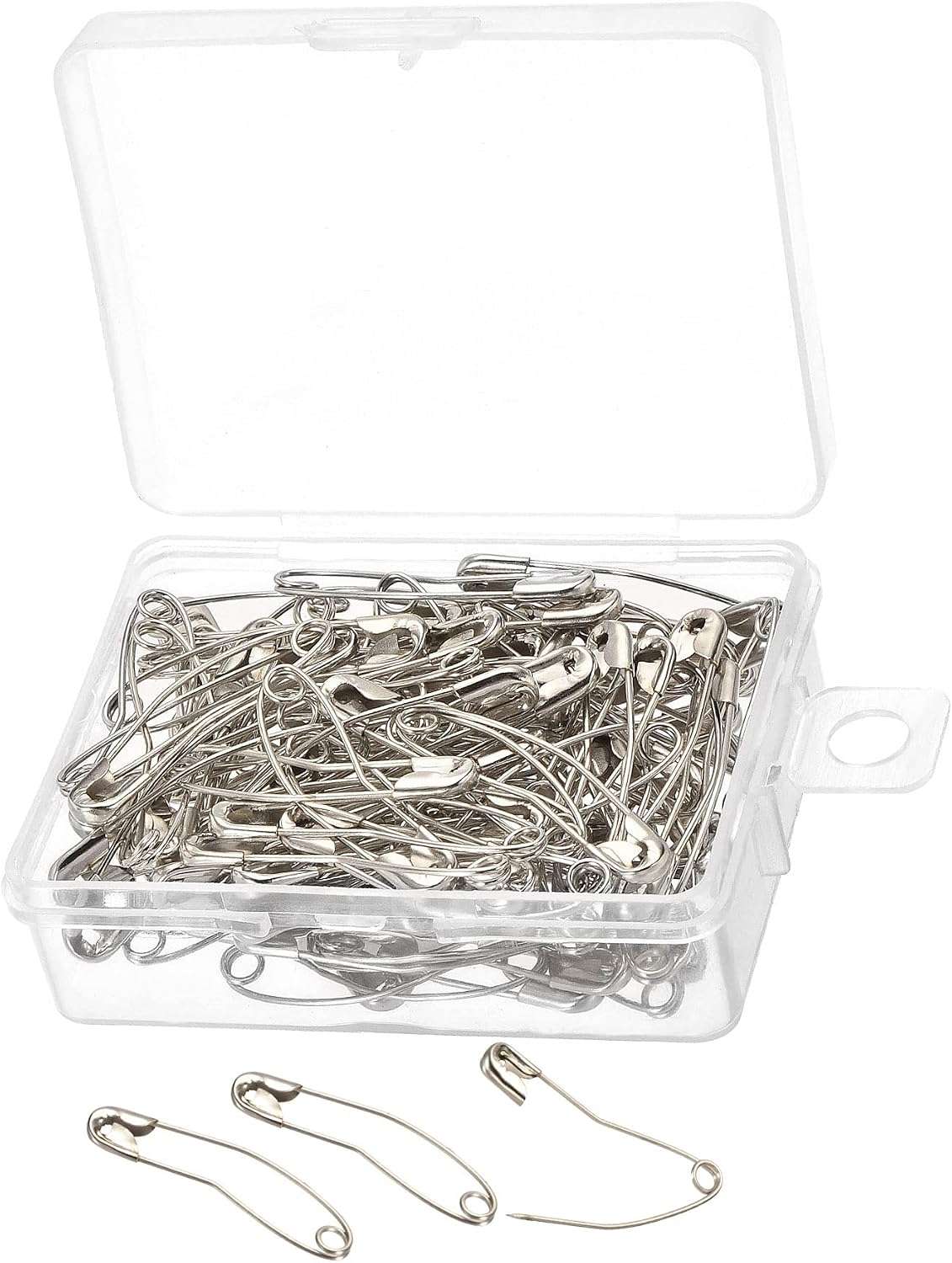 YOKIVE 100 Pcs Safety Pins, Curved Metal Sewing Pins with Box | Great for Art, Craft, Clothing, Daily Use (Silver Tone, 1.3-Inch)