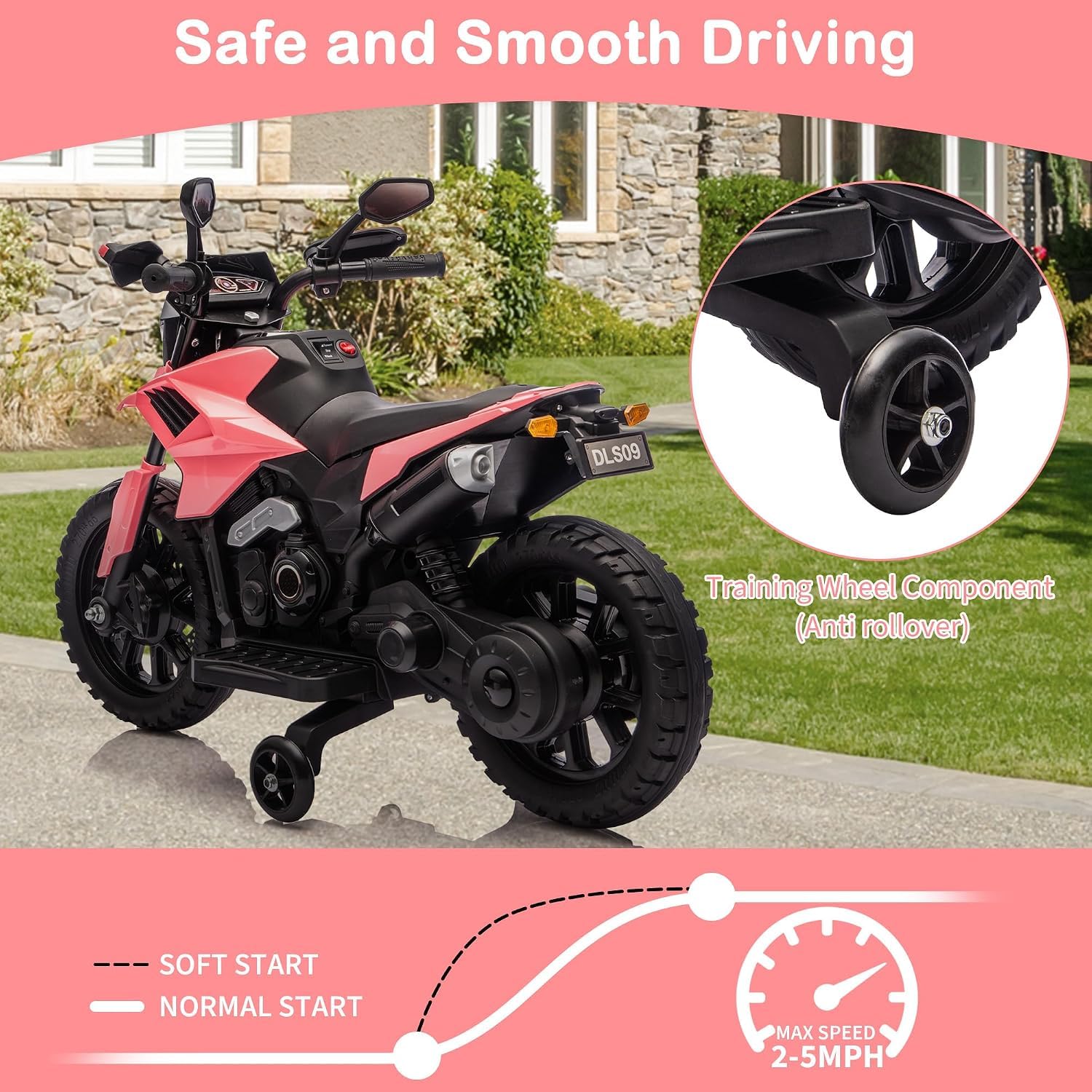 Moto elettrica per bambini 6 V, con 2 ruote stabilizzatrici, per 3-8 anni