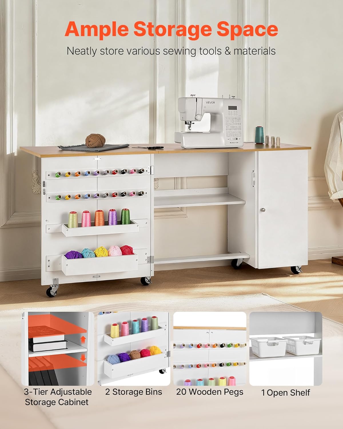 VEVOR Folding Sewing Table, Multipurpose Sewing Machine Table with Cabinet, Charging Station, Compact Design, Wheels, Wooden Pegs, Storage Trays and Shelf, Craft Station and Side Desk for Home