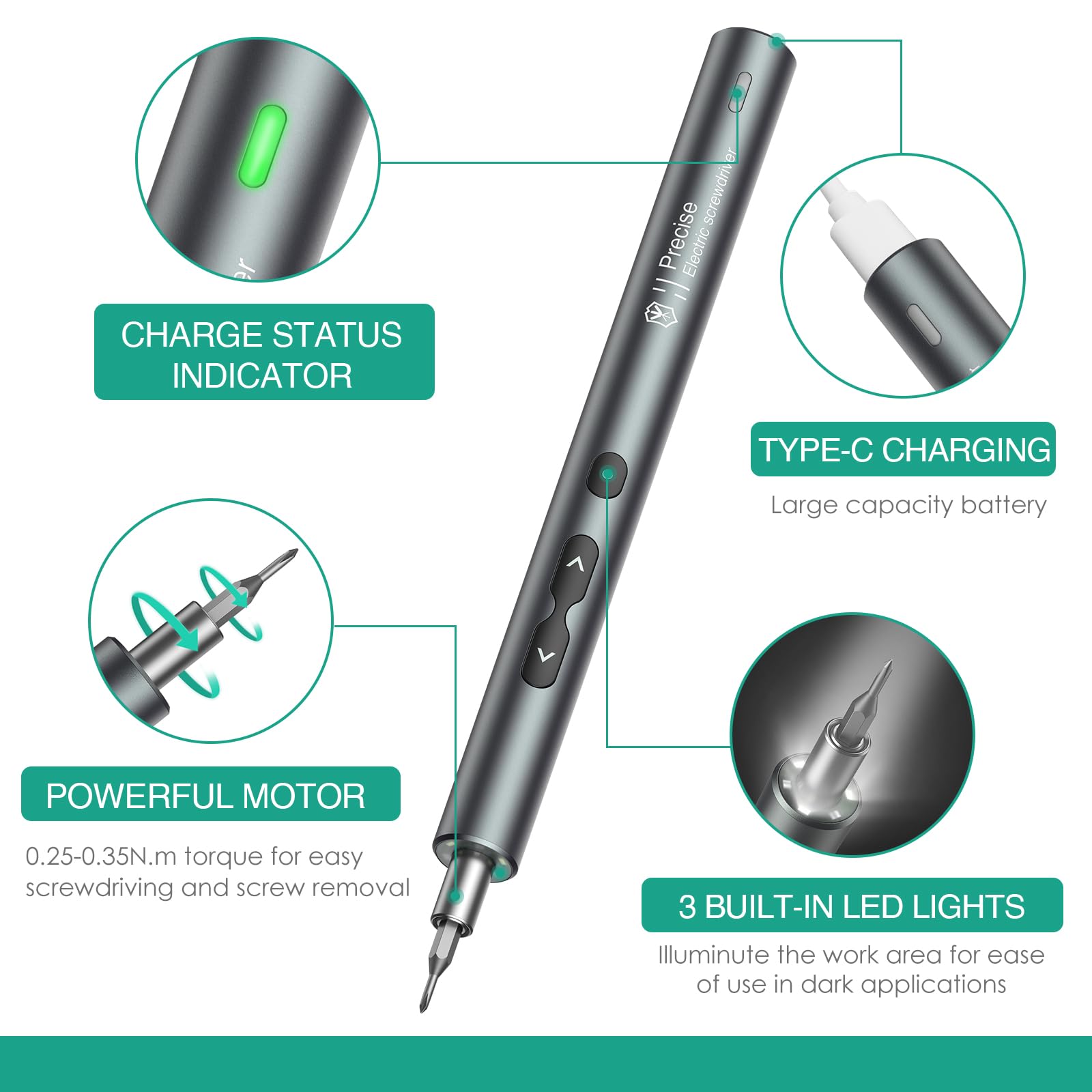 ORIA Accuschroevendraaier, oplaadbare elektrische schroevendraaier met 2 standen, led-licht, draaimomentinstelling, type C-laadaansluiting voor camera, telefoons, horloges, laptop