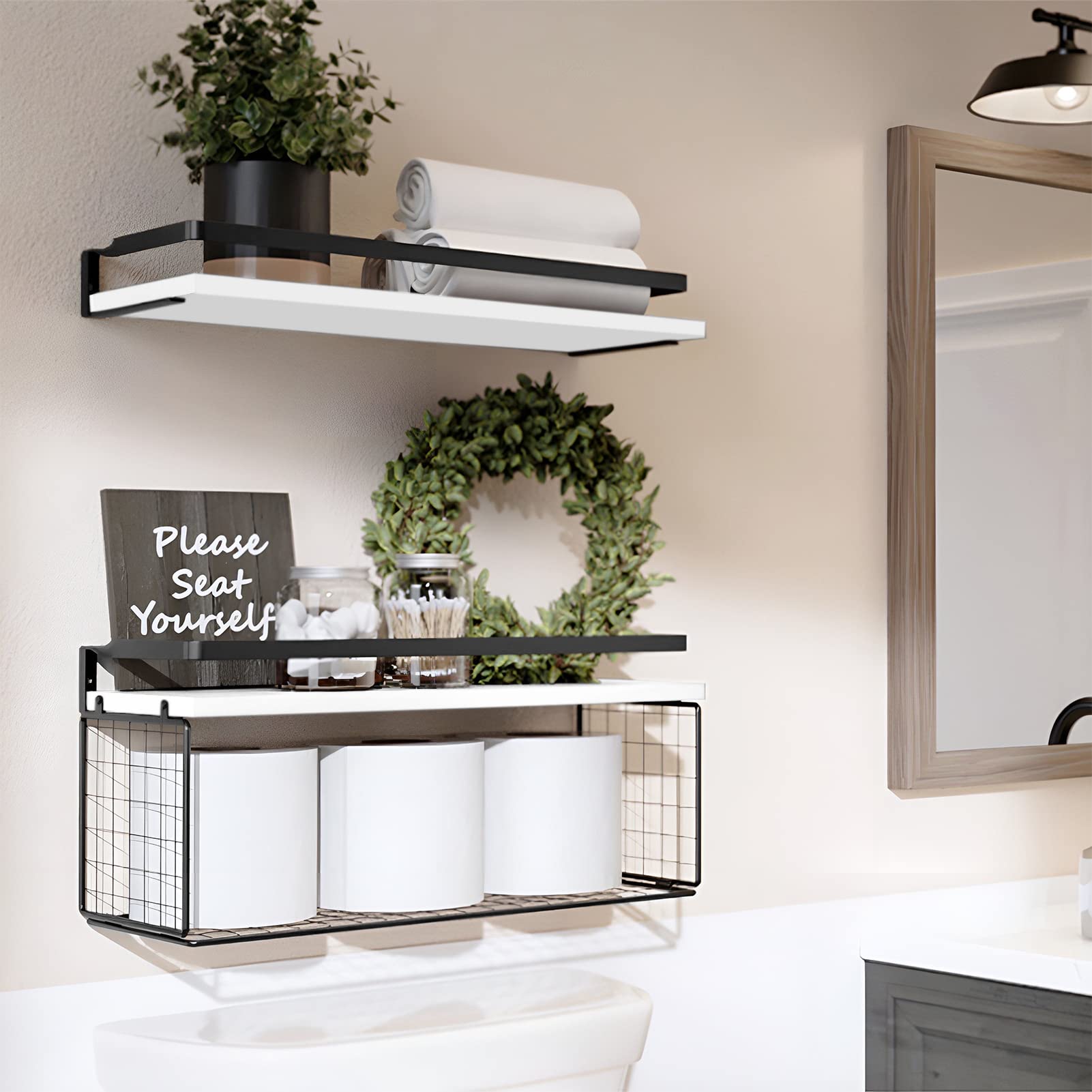 WXCGX Floating Shelves, Rustic Floating Shelves Wood Over Toilet with Paper Storage Basket, Farmhouse Wall Mounted Shelves Floating Shelf for Bathroom Bedroom Wall Decor Living Room Kitchen (White)