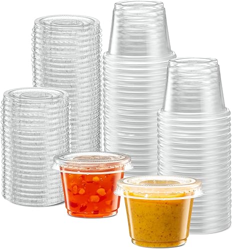 Miniatura 84 de {1 oz – 100 juegos} Vasos de plástico sumergibles negros con tapas, pequeños recipientes para control de porciones, chupitos de gelatina