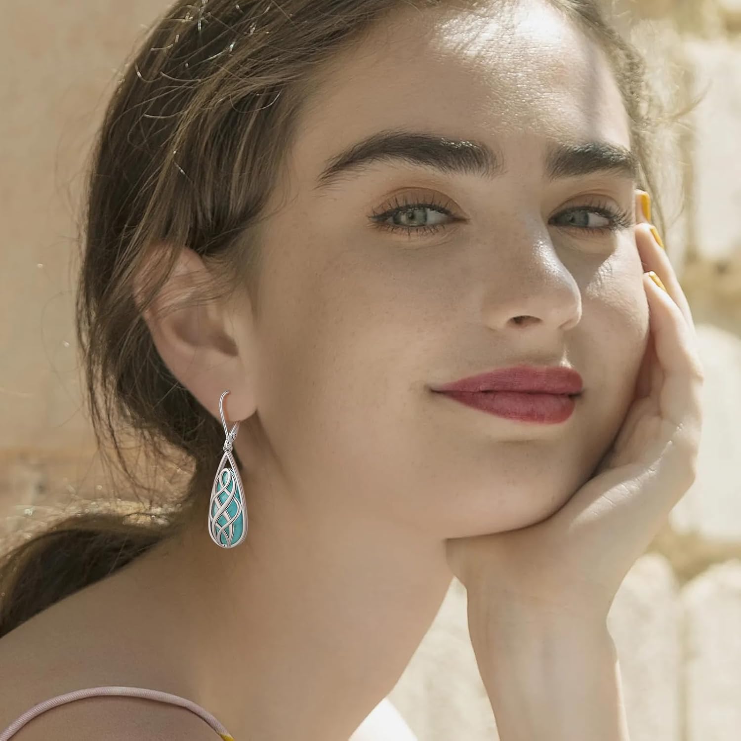 Turquoise Earrings for Women, Turquoise Jewelry for Women S925 Sterling Silver Dangle Teardrop Earrings Celtic Design, Boho Jewelry Gift for Friend Lover Mother - Image 4