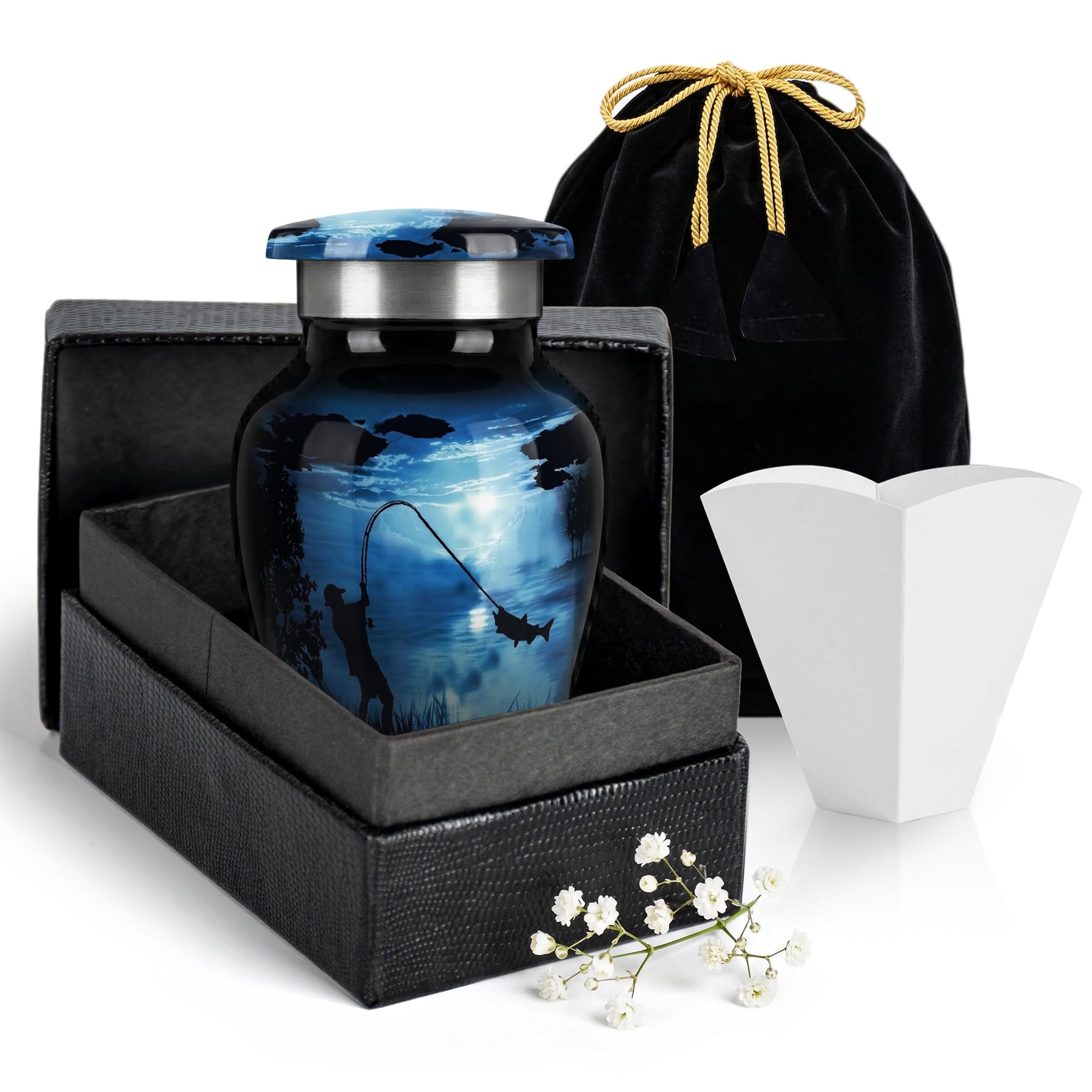 Gone Fishing Urns for Ashes Adult Male & Female - 3 Cubic Inches Decorative Urn, Burial Urns for Dad, Men - Funeral Urn with Velvet Bag and Felted Bottom - Fishing, 1 Small Keepsake — image 1