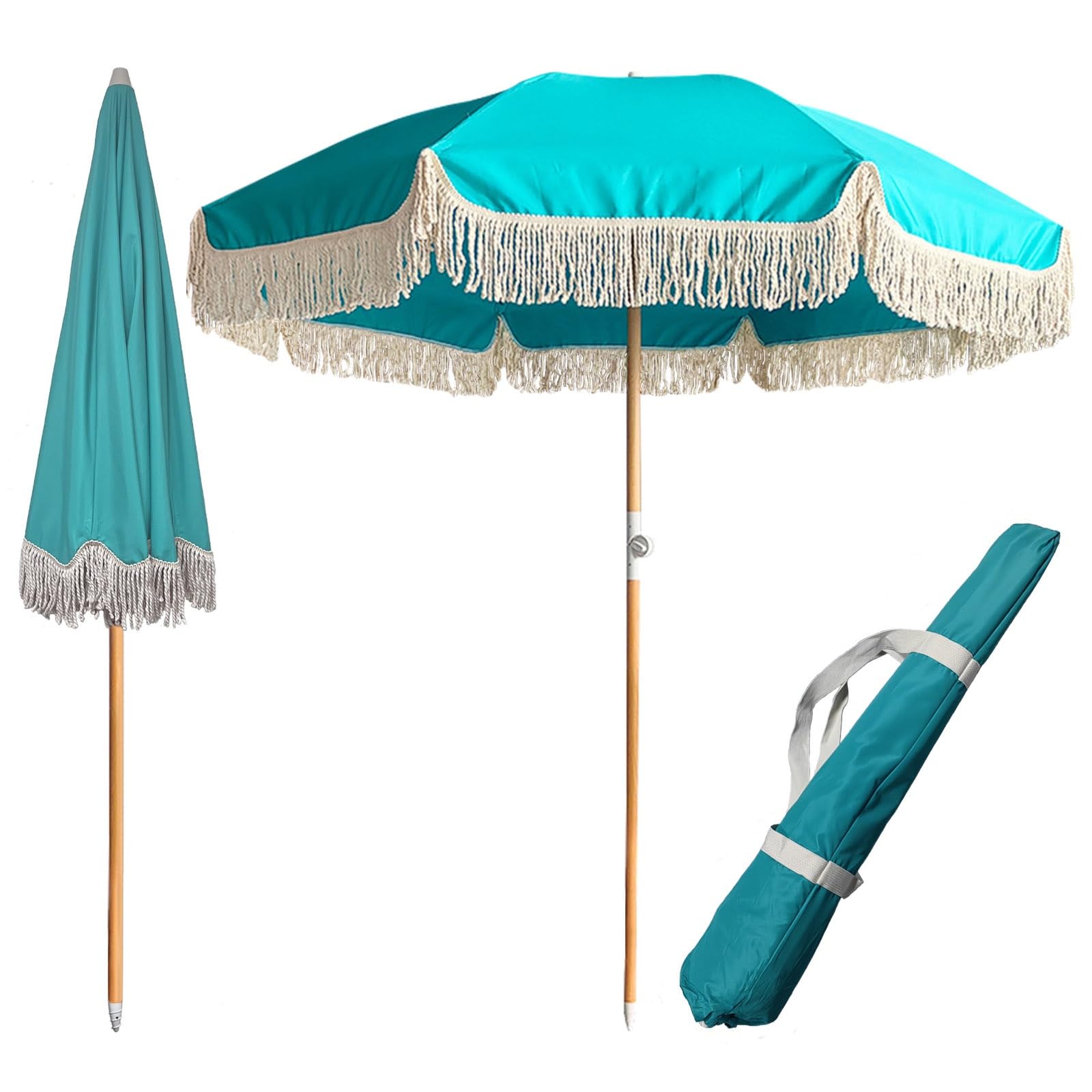 Ombrellone da spiaggia Boho regolabile da 180 cm, blu e verde, compatto, antivento, con frange, ideale per patio, piscina, giardino e giardino, con borsa per il trasporto.