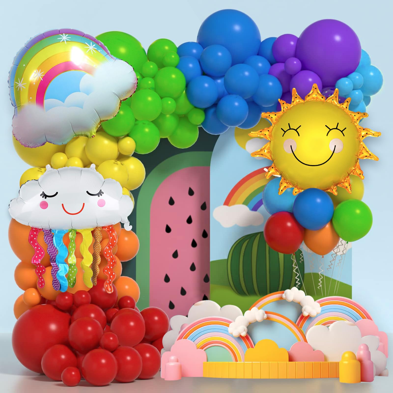 Party Propz Rainbow Theme Rubber Birthday Decorations Kit - 75Pcs, Rainbow Balloons| Sun Theme Birthday Decoration Items For Girls | Cloud Balloons for Decoration | Bday Decorations, Large Multicolour