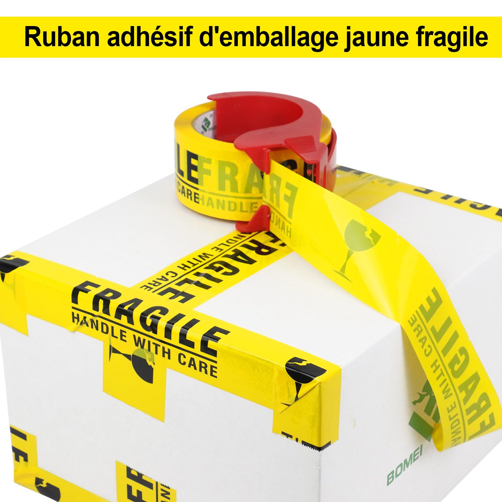 BOMEI PACK FRAGILE Jaune Ruban d’emballage sécurité 66m x 48mm–6 rouleaux avec dévidoir Adhésif fort pour colis, entrepôt, e-commerce