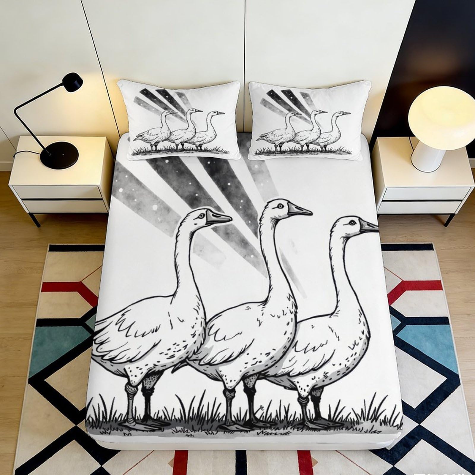 3D Printed Goose Illustration Fitted Sheet Microfiber Soft Bed Cover for Bedroom Dorm Mattress Protection Decor 90x200x25cm