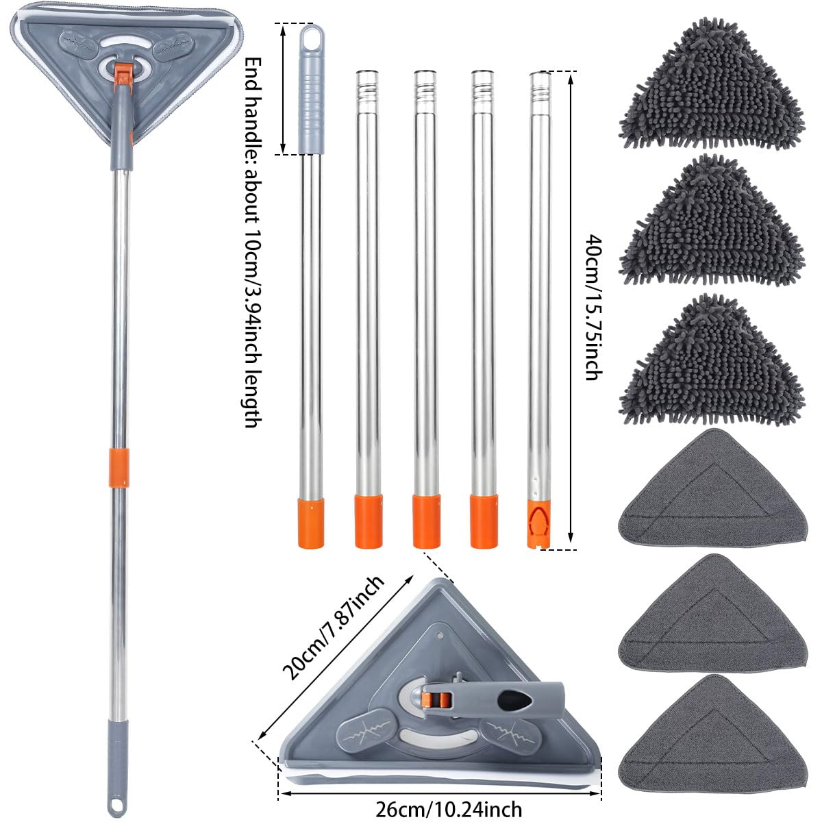 Mopa de limpieza de pared con mango largo, herramienta de limpieza de techo triangular giratoria de 360°, 3 almohadillas de microfibra y 3 almohadillas de felpilla para una limpieza eficaz del suelo