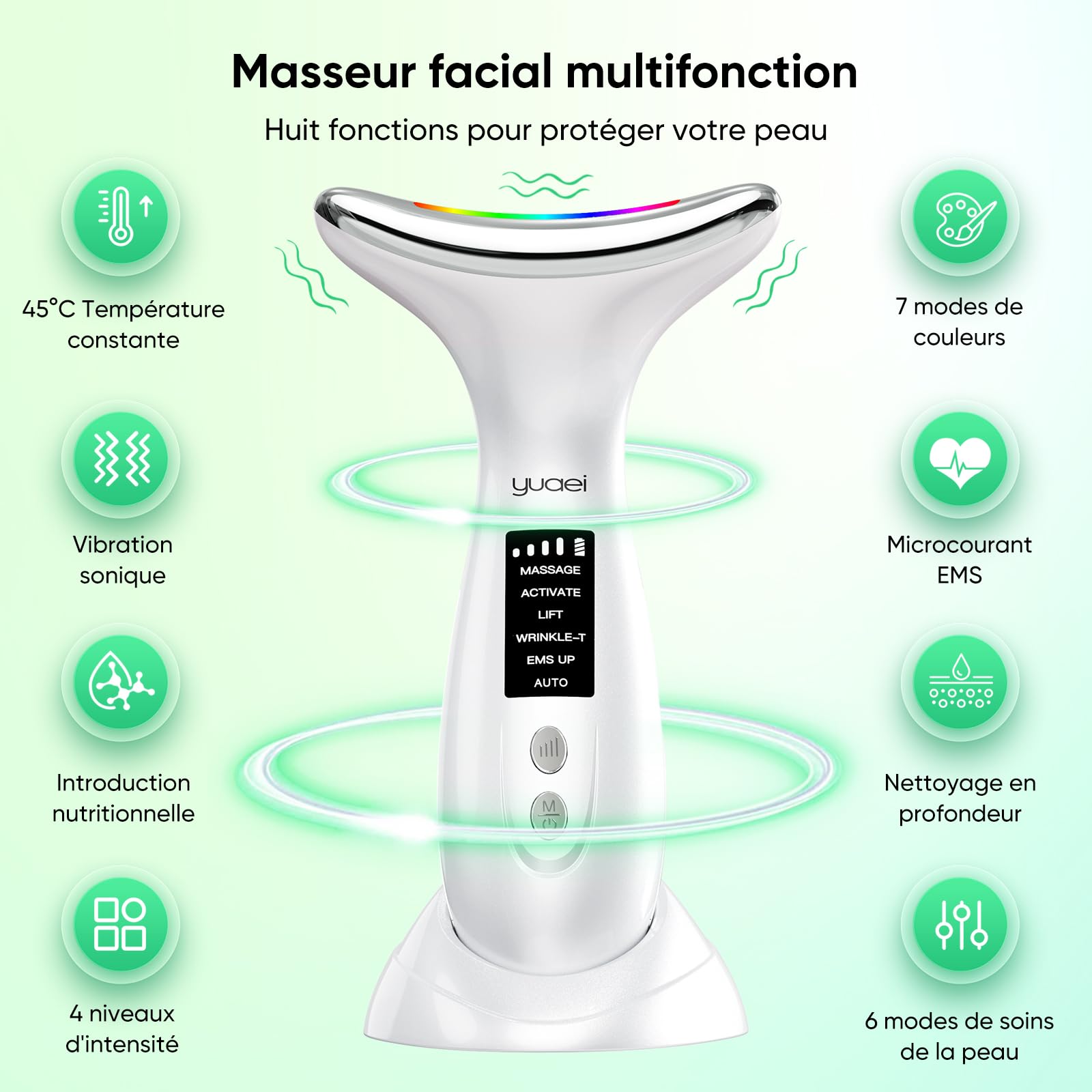 Massage Visage Appareil Anti Rides: Masseur Lifting Double Menton Facial 6 Mode Beauté Electrique Machine Luminothérapie Led 7 Couleurs - EMS 45℃ Anti-Age Massage Pour Raffermissement du Visage et Cou