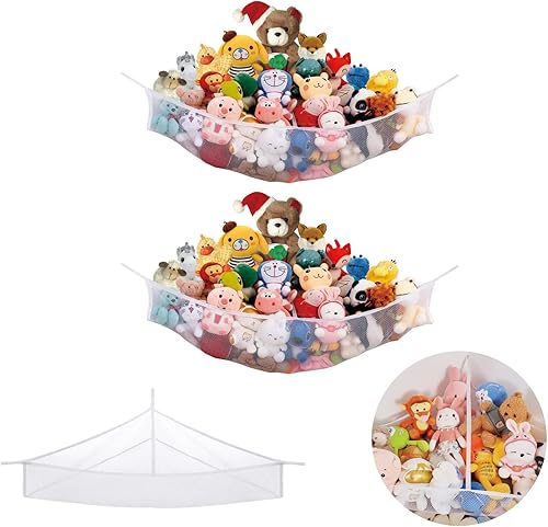 Miniatura 7 de INSFITY Hamaca de peluche esquinera de juguetes de peluche, organizador de red de almacenamiento de 35 x 50 x 8 pulgadas (blanco, paquete grande de
