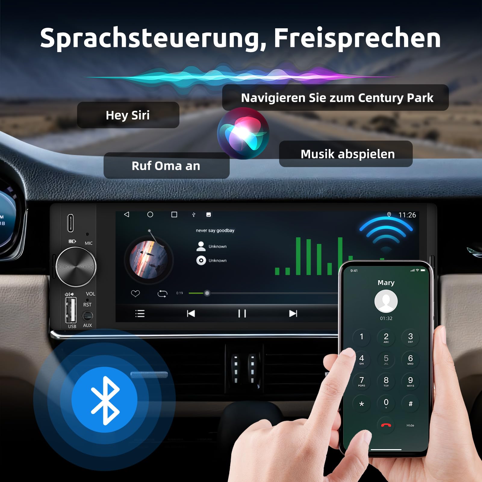 ESSGOO 6.36 Zoll 1 DIN Autoradio mit Wireless Carplay und Android Auto, HD IPS Bildschirm Auto Display Bluetooth Radio mit Rückfahrkamera Mirror Voice Control Mirror Link FM