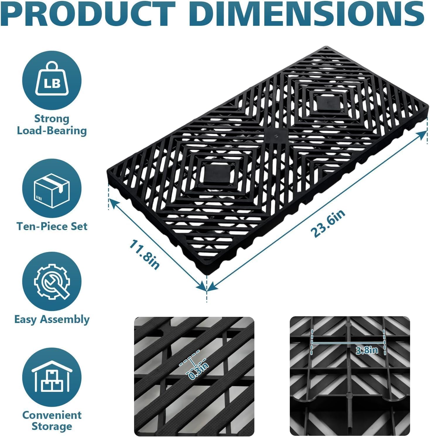10 Pcs Lightweight Plastic Pallets, 23.6"x11.8"x1.18" Breathable Grid Ventilation Pallet, Waterproof Floor Pallet, for Garage, Basement Storage, Supermarket
