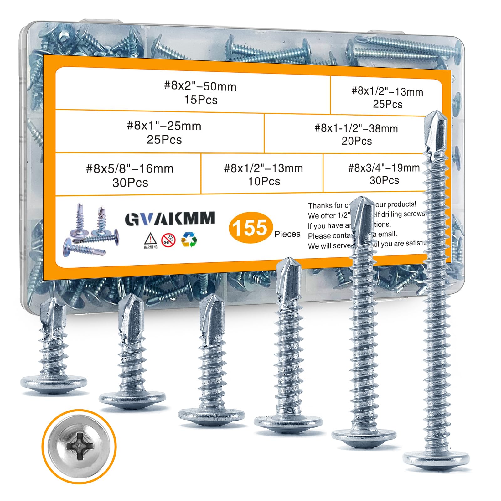 Sheet Metal Screws Assortment Kit,#8 Self-Tapping Screws Set for Metal,155pcs,6 Sizes(2'',1-1/2'',1'',3/4'',5/8'',1/2'')Modified Truss Head Zinc-Plated Self-Drilling Tek,for Wood,Metal,Plastic