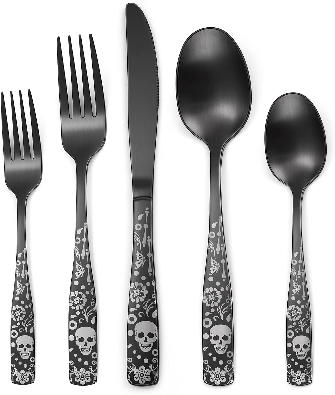 OIULO Pattern Matte Silverware Set for 8,40Piece Gothic Skull Black