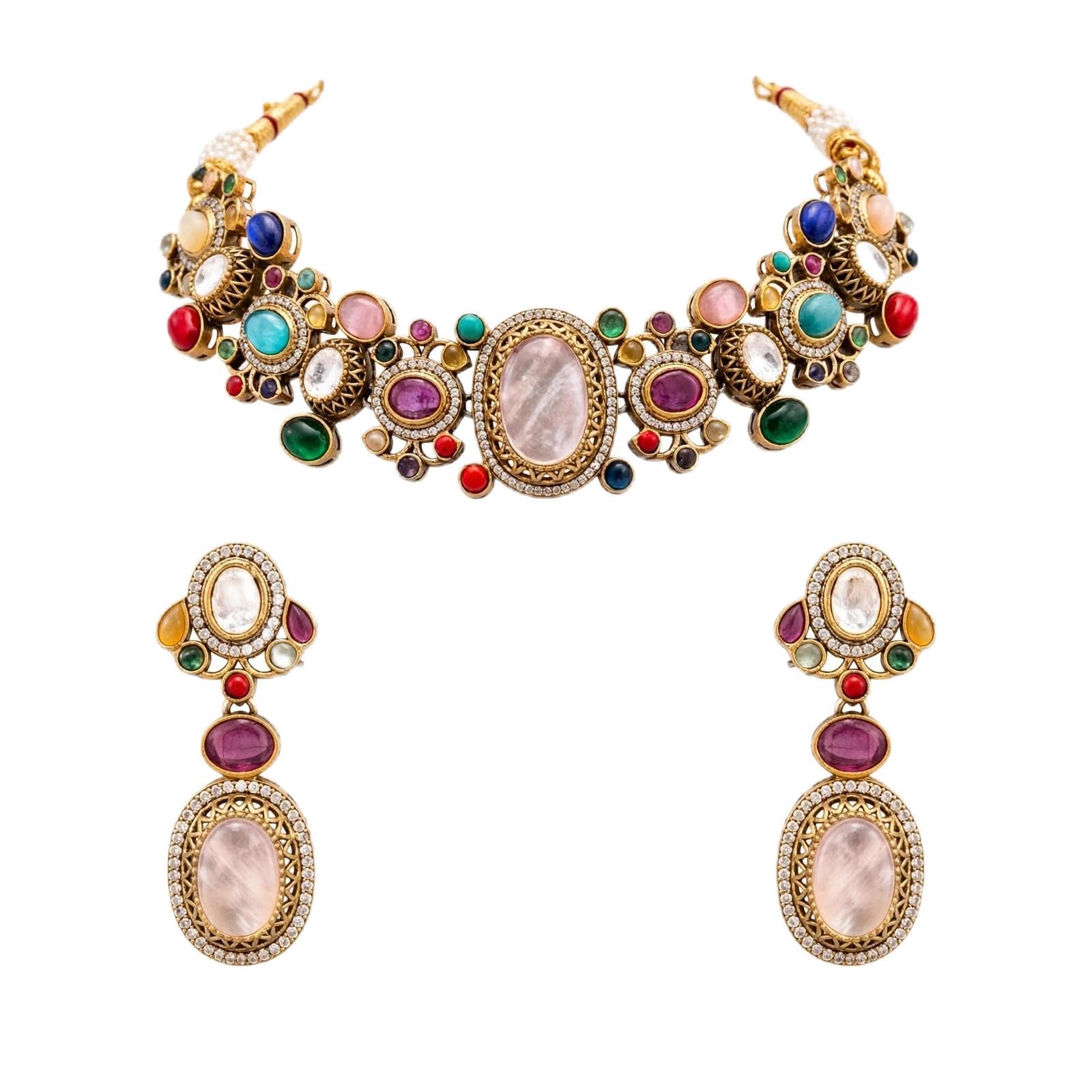 Kundan Jewellrs Navratna - Juego de gargantilla de piedra doble con