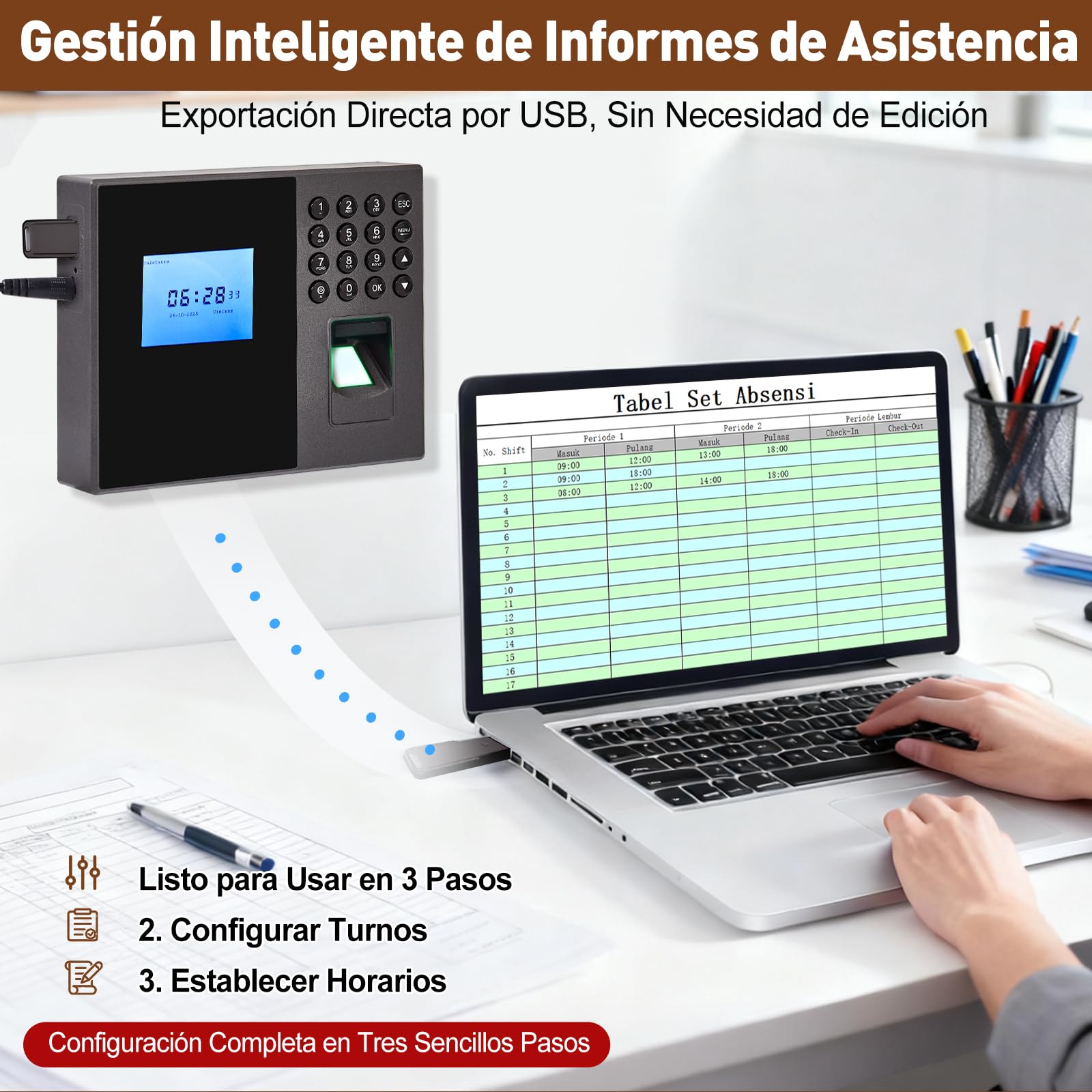 Control Horario para Empleados – Reloj de Fichar Biométrico 3-en-1 con Huella Dactilar, 10 Tarjetas RFID y Código Pin – Máquina de Asistencia para Pequeñas Empresas, Español, Sin Cuotas Mensuales