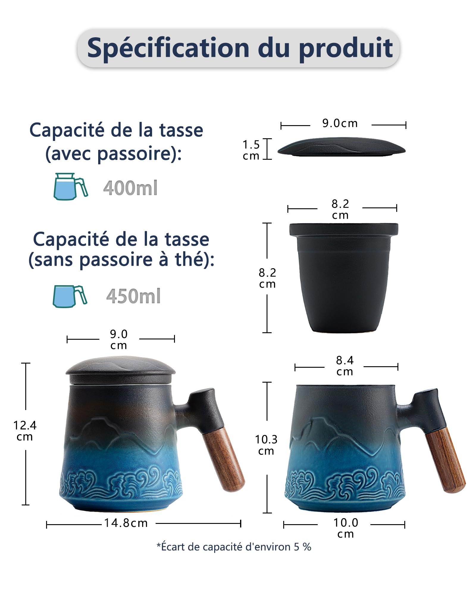 ZENS Taza de té con infusor y tapa, 500 ml - Taza de cerámica con relieve para té de hojas, mango de madera - Taza con filtro para amantes del té, azul